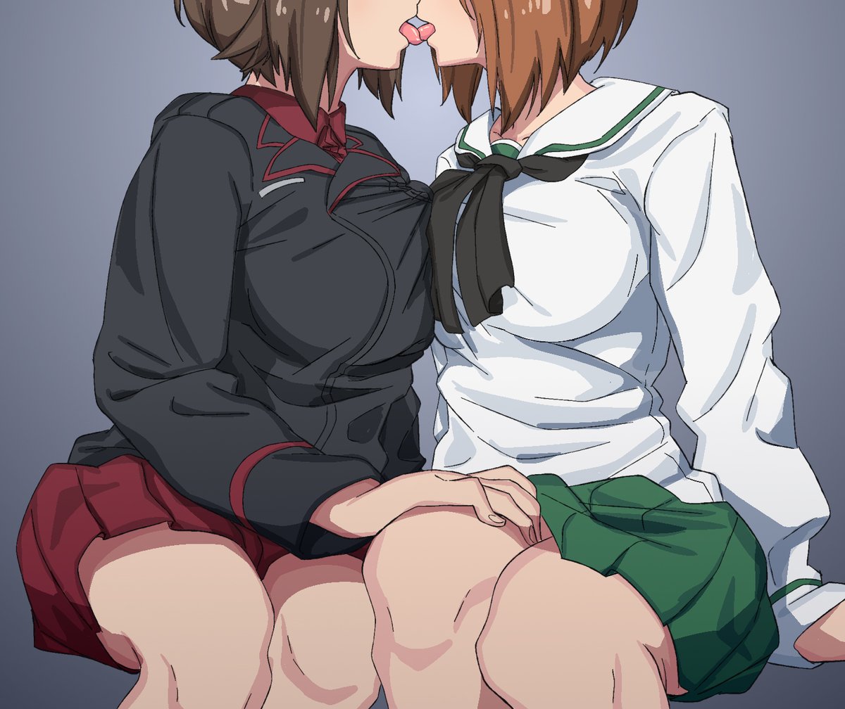 10s 2girls breast_press brown_hair french_kiss girls_und_panzer green_skirt grey_background hand_on_another's_knee huaro huaronanago incest kissing kuromorimine_school_uniform multiple_girls nishizumi_maho nishizumi_miho ooarai_school_uniform open_mouth pleated_skirt red_skirt school_uniform short_hair siblings simple_background sisters skirt sweat tears tongue tongue_out translated underwear yuri