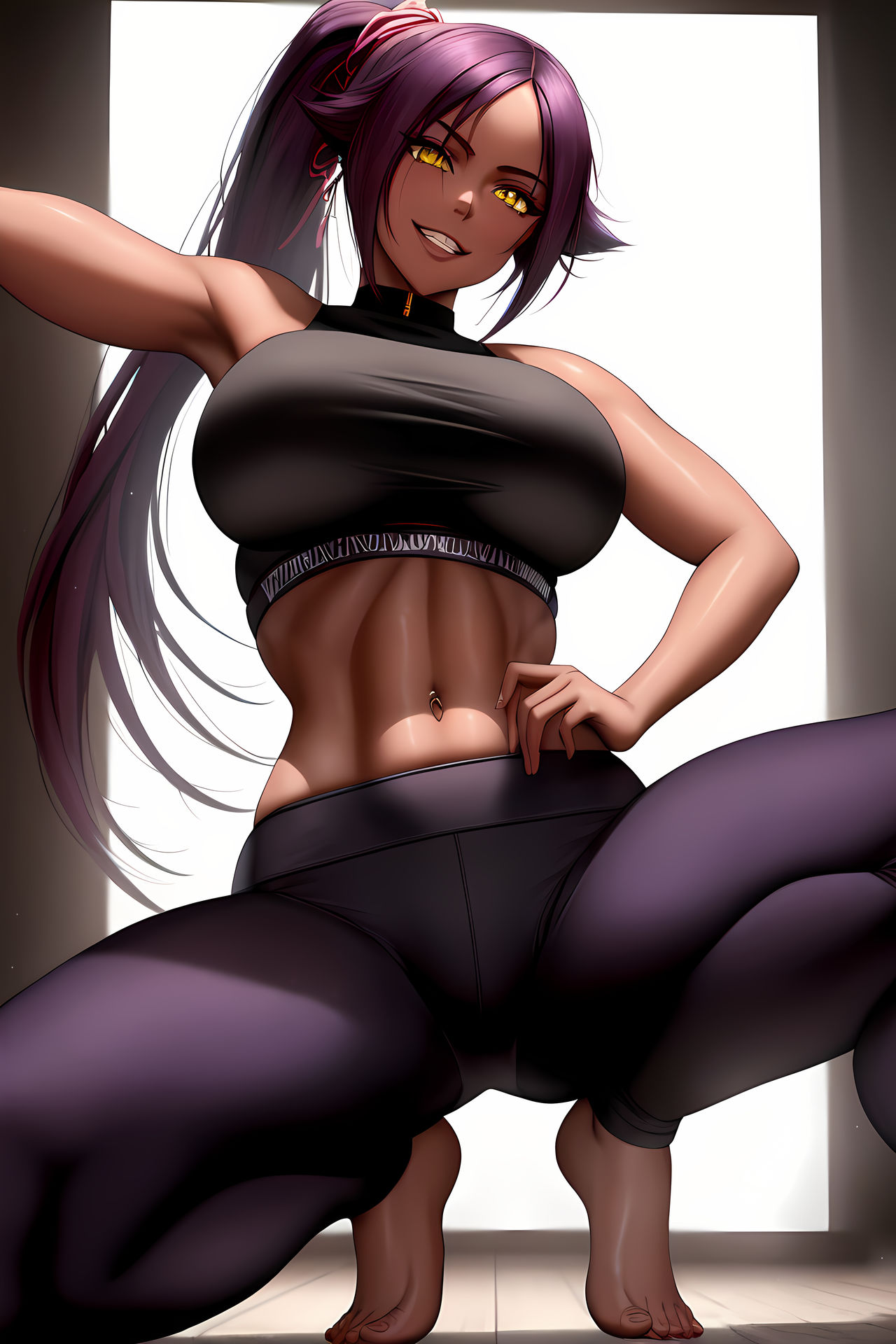 ai generated, bleach, breasts, dark skin, dark-skinned female, feet, female, large breasts, legs, legs apart, long hair, mature female, shihouin yoruichi, smile, solo, solo focus, workout clothes, yellow eyes