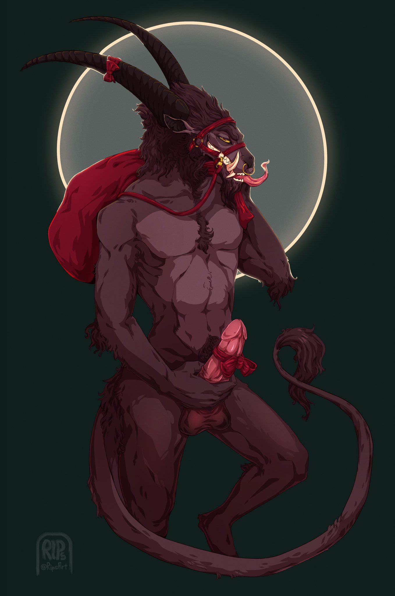 anthro balls bara barazoku boner christmas demon erection furry horns krampus male male_only muscles muscular nude penis ribbon ribbon_on_penis rips_(artist) solo solo_male tongue_out