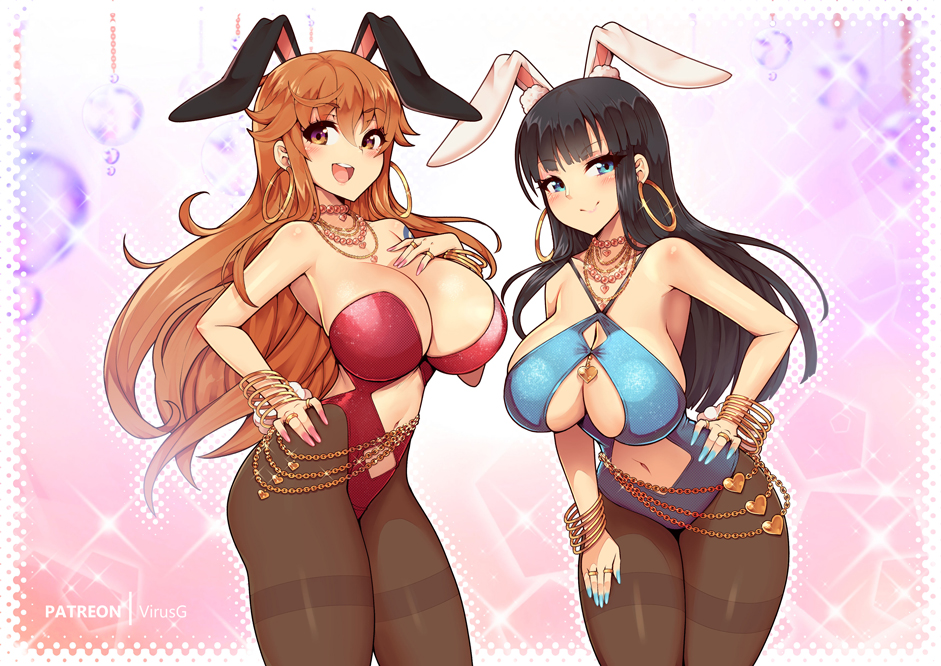 2girls, arm tattoo, big breasts, black hair, black-haired female, blue eyes, blue tattoo, blush, breasts, bunny ears, bunnysuit, clothed, clothing, female, female focus, female only, jewelry, large breasts, long hair, looking at viewer, nami (one piece), nico robin, one piece, open mouth, orange eyes, orange hair, orange-haired female, post-timeskip, pre-timeskip, smile, tattoo, thick thighs, time paradox, virus-g
