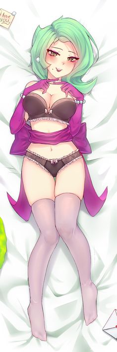 blush, bra, brawl stars, dress lift, earrings, female, green hair, leggings, lipstick, lola (brawl stars), looking at viewer, necklace, panties, seductive look, seductive smile, short hair, stockings, underwear