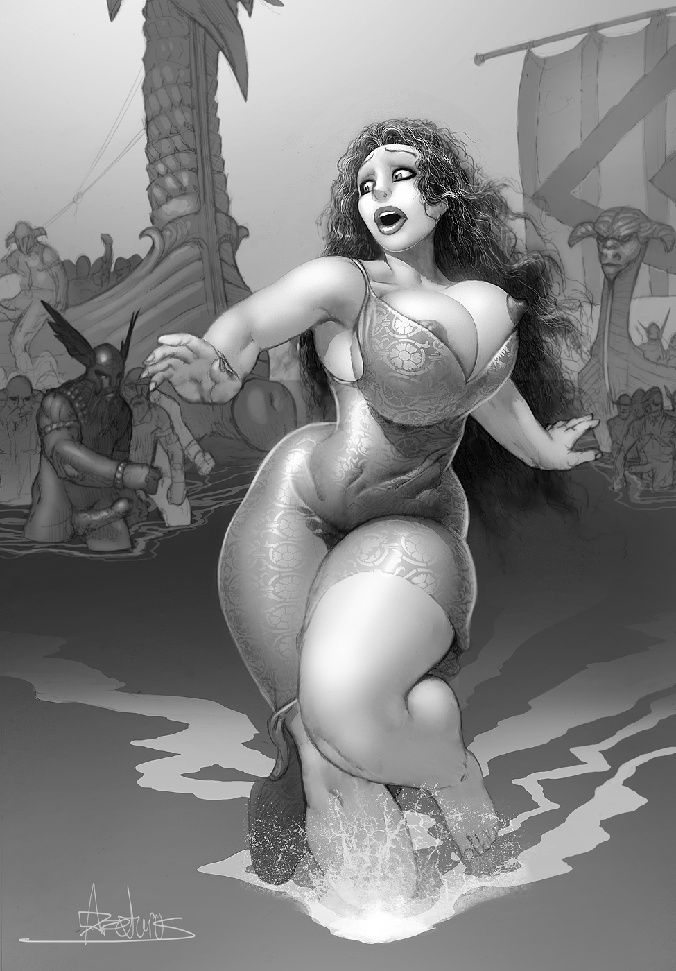 aileen_(character) arcturusx1 ass big_ass big_breasts black_and_white boat breasts bursting_breasts dress erect_penis fish fishing history huge_ass huge_breasts large_ass large_breasts long_hair monochrome nipples penis running running_away ship spoils_of_war voluptuous voluptuous_female