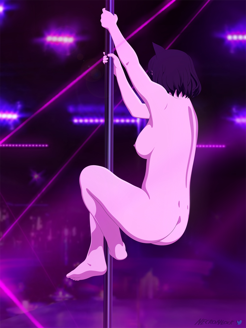 1girls ass audience black_hair blake_belladonna breasts butt_crack cat_ears catgirl necromalock neon_lights night_club nude nude_female pole_dancing public_nudity rwby short_hair sideboob small_breasts solo strip_club stripper stripper_pole tagme