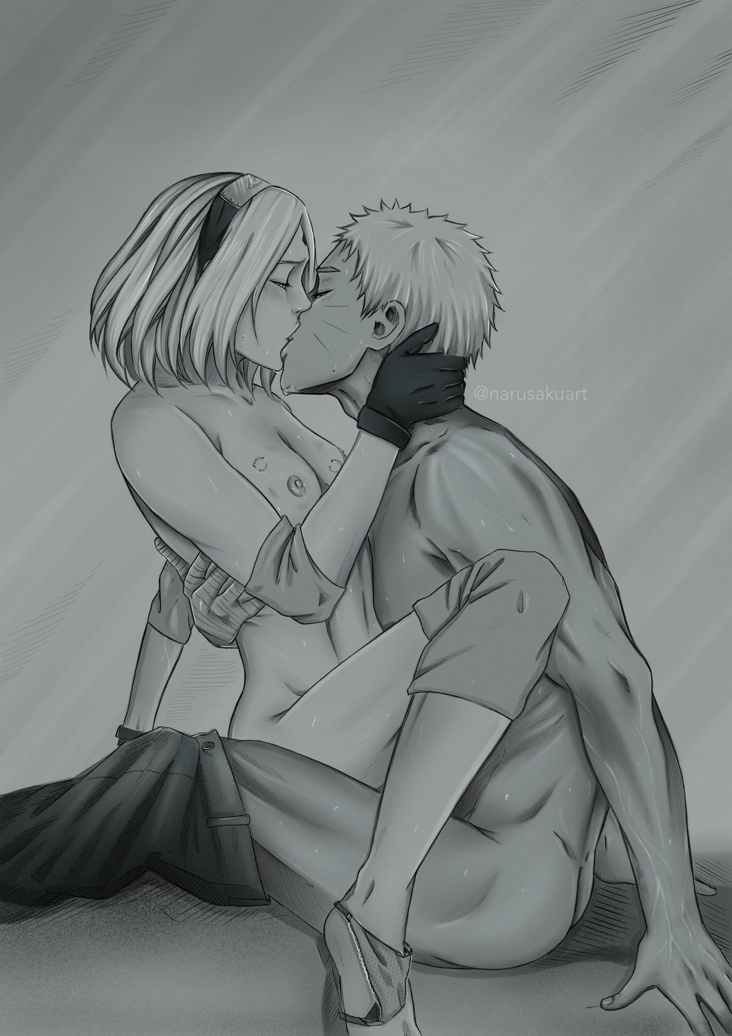 1boy, 1girls, bandaged arm, bandages, barefoot, barely clothed, bite mark, blush, breasts, closed eyes, clothed sex, completely nude, elbow pads, feet, female, gloves, half-closed eyes, kissing, knee pads, long hair, male, monochrome, narusakuart, naruto, naruto (series), naruto: the last, no bra, nude, panties, panties around ankles, pants, pants down, romantic, romantic couple, romantic sex, sakura haruno, shirtless, shirtless male, short hair, sitting, sitting on lap, sitting on person, small breasts, straight, sweat, underwear, uzumaki naruto