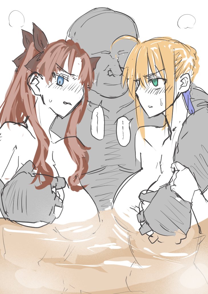 1boy, 2girls, artoria pendragon, bathroom, commentary request, fat male, fate (series), fate/grand order, fate/stay night, female, male, multiple females, multiple girls, saber ntrok (artist), tagme, tohsaka rin, ugly bastard