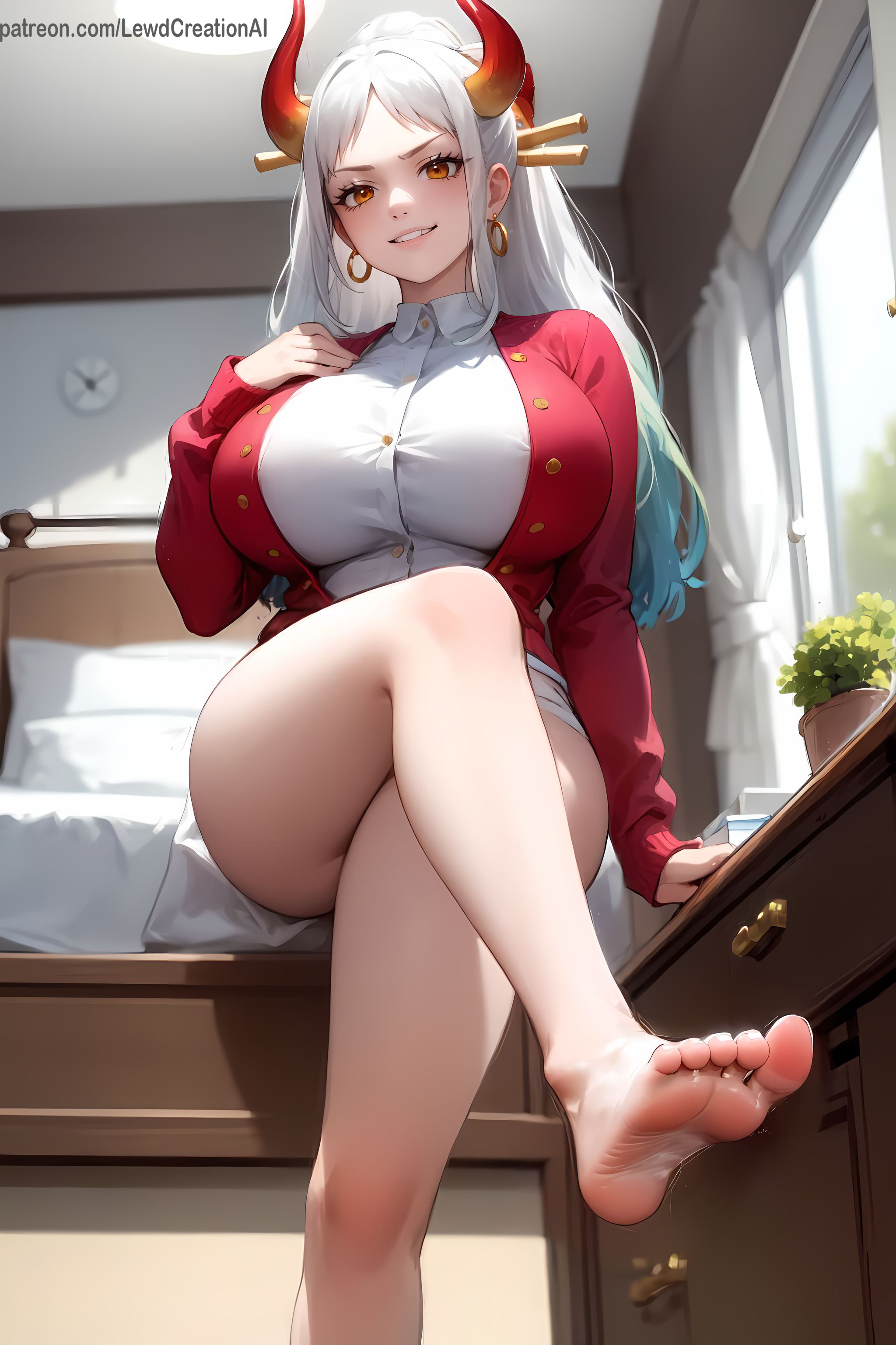 ai generated, ass, big breasts, blush, blush lines, blushing at viewer, breasts, brown eyes, dominant, dominant female, domination, feet, feet up, female, female only, foot fetish, foot focus, from below, green hair, grin, heels, horns, huge breasts, leg up, lewdcreationsai, looking at viewer, nipples, one piece, smirk, soles, solo, solo female, solo focus, sweat, sweatdrop, sweaty feet, thick, thick ass, thick legs, thick thighs, tight, tight clothes, tight clothing, tight fit, toes, white hair, yamato (one piece)