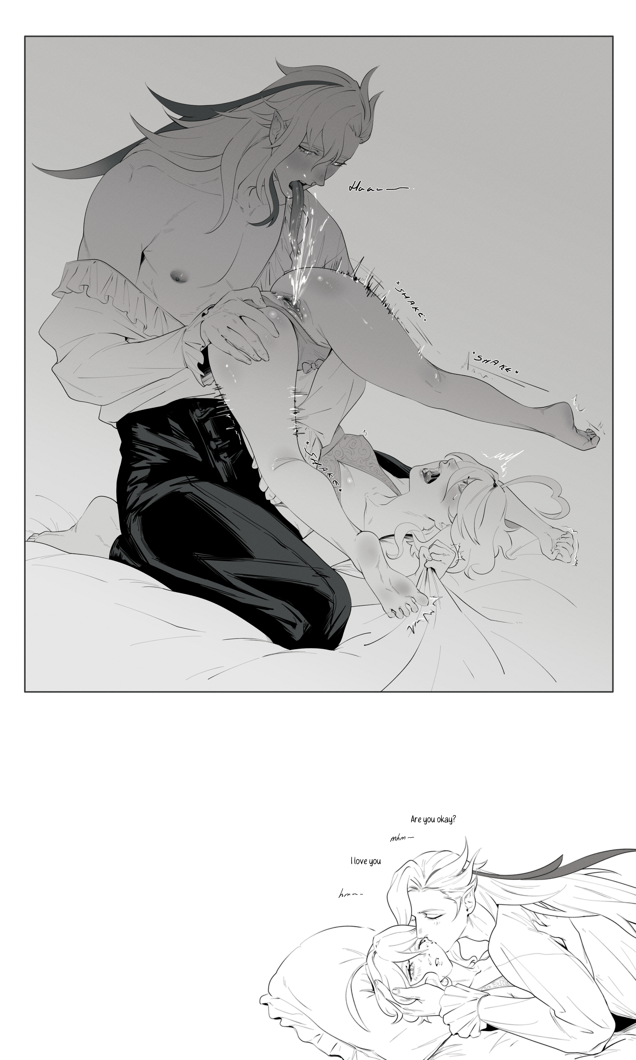 1boy, after sex, bed, bedroom, blue eyes, blush, bonesofbeskar, cunnilingus, female, furina (genshin impact), genshin impact, implied cunnilingus, laying down, laying on bed, lingerie, long hair, male, male/female, neuvillette (genshin impact), nipples, oral, oral sex, orgasm, orgasm face, panties, pussy, squirt, squirting, straight, vagina