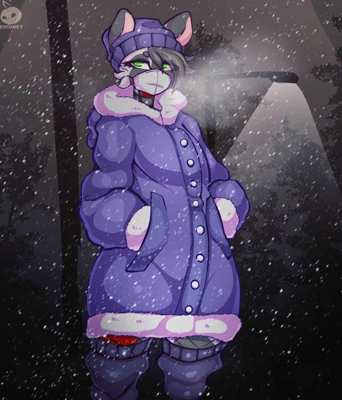 1boy, animal ears, choker, clothing, ehidney, face mask, femboy, fur, furry, green eyes, legwear, male, male only, mask, short hair, snow