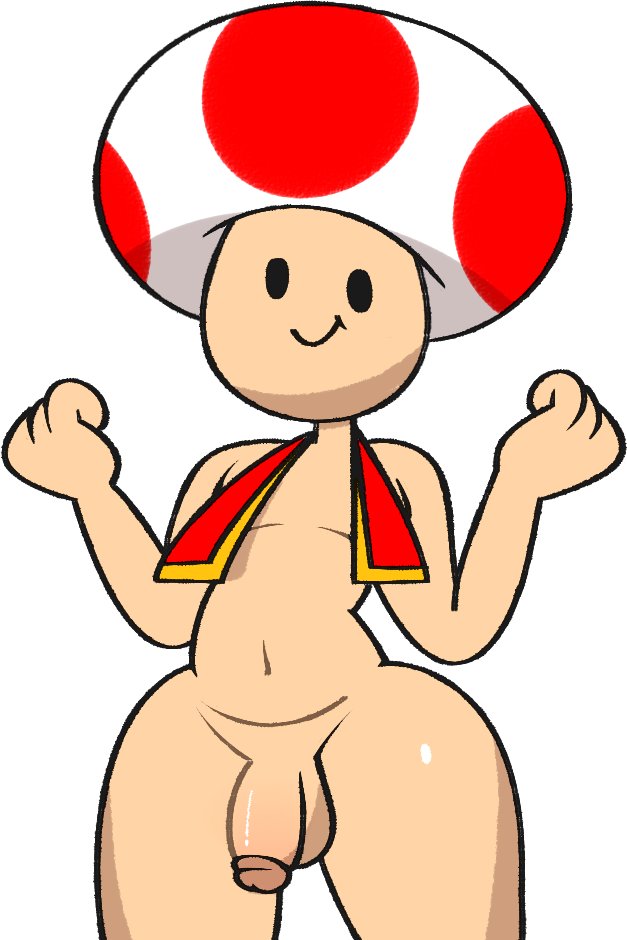 1boy 2022 balls black_eyes bottomless femboy flaccid hands_up hat light_skin looking_at_viewer male male_only mario_(series) mob_face navel nude penis practically_nude simple_background small_penis smile solo testicles thick_thighs toad_(mario) topless vest vilepluff w_arms white_background wide_hips