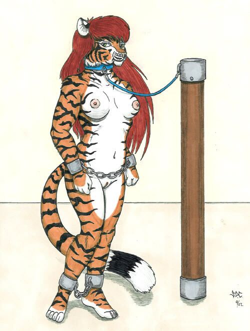 1girls ankle_cuffs anthro bondage bondage_collar bondage_cuffs bound_to_pole breasts chained chains collar felid feline female furry ironbadger leash long_hair naked nipples nude pole pussy red_hair slave slave_collar slavegirl solo solo_female standing striped striped_body striped_fur striped_markings stripes tiger vagina wrist_cuffs