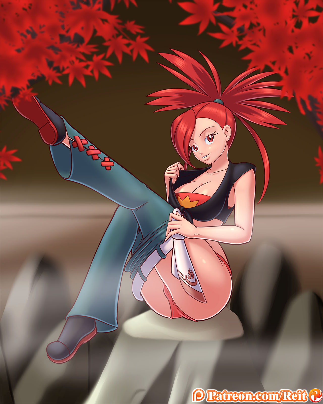 ass, big breasts, breasts, cameltoe, cleavage, clothing, female, female only, flannery (pokemon oras), flannery (pokemon), human, human only, jeans, large breasts, looking at viewer, panties, pokemon, pussy, reit, solo