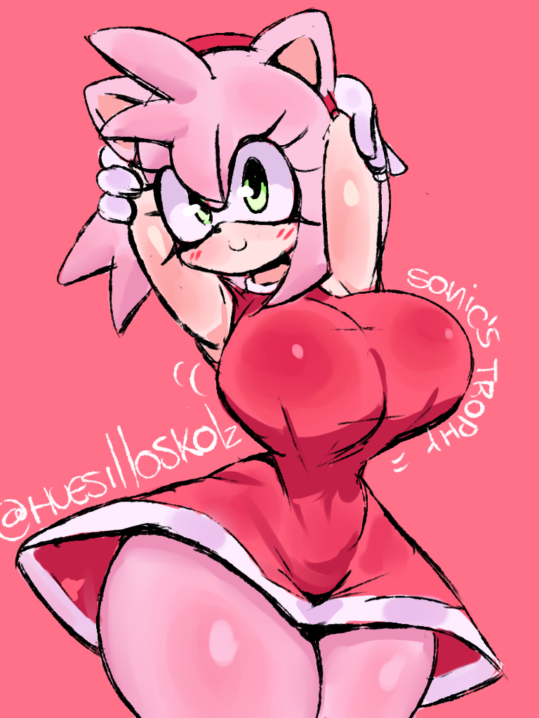 1girls, amy rose, animal ears, armpits, arms behind back, arms behind head, big breasts, breast focus, breasts, busty, cute, dress, female, furry, gloves, green eyes, hedgehog, hedgehog girl, huesilloskolz, huge breasts, pink hair, pink skin, pose, posing, red dress, sensual, sexy armpits, smile, solo, sonic (series), sonic the hedgehog (series), thick thighs, thighs, white gloves