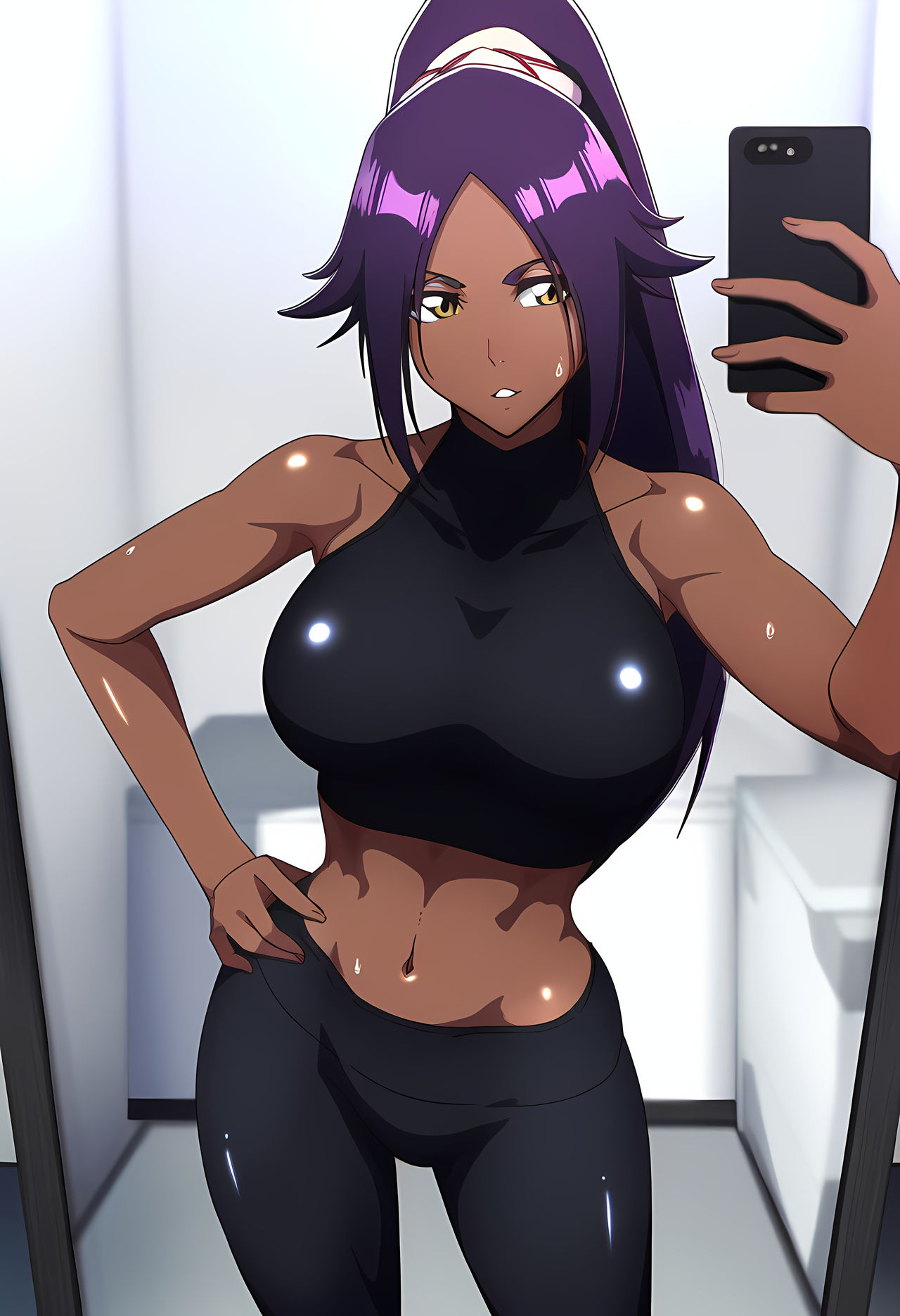 ai generated, bleach, breasts, cellphone, dark skin, dark-skinned female, female, large breasts, legs, long hair, mature female, selfie, shihouin yoruichi, solo, solo focus, workout clothes, yellow eyes