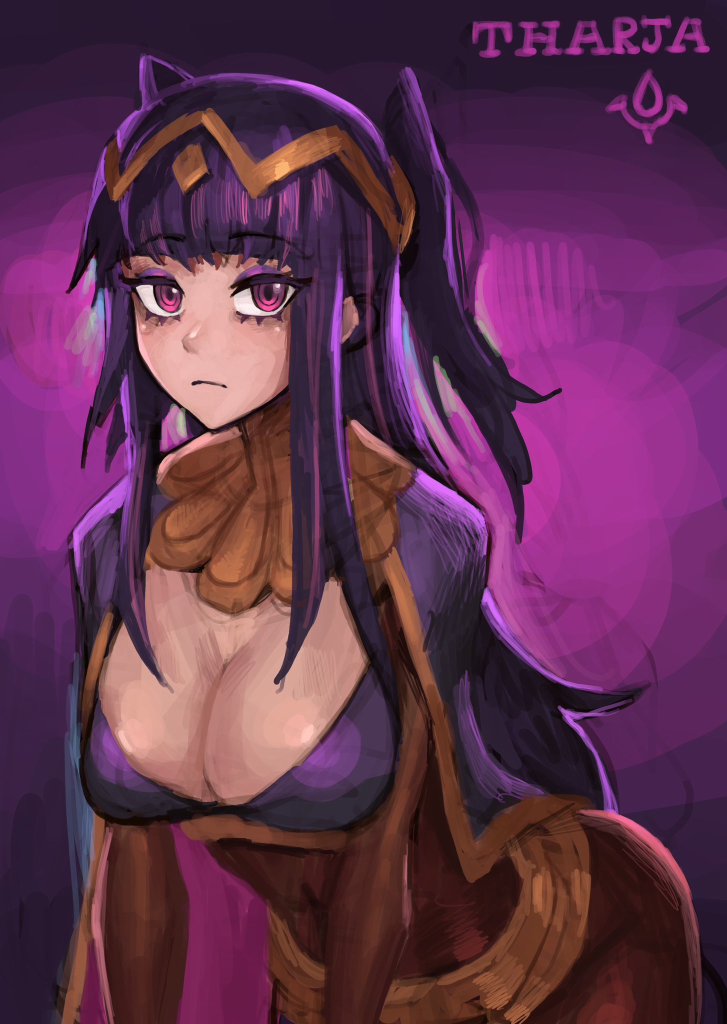 blunt_bangs bodystocking breasts cleavage female female_only fire_emblem fire_emblem_awakening light-skinned_female long_hair looking_at_viewer nintendo purple_eyes purple_hair saiykik simple_background solo solo_female solo_focus standing tharja_(fire_emblem)