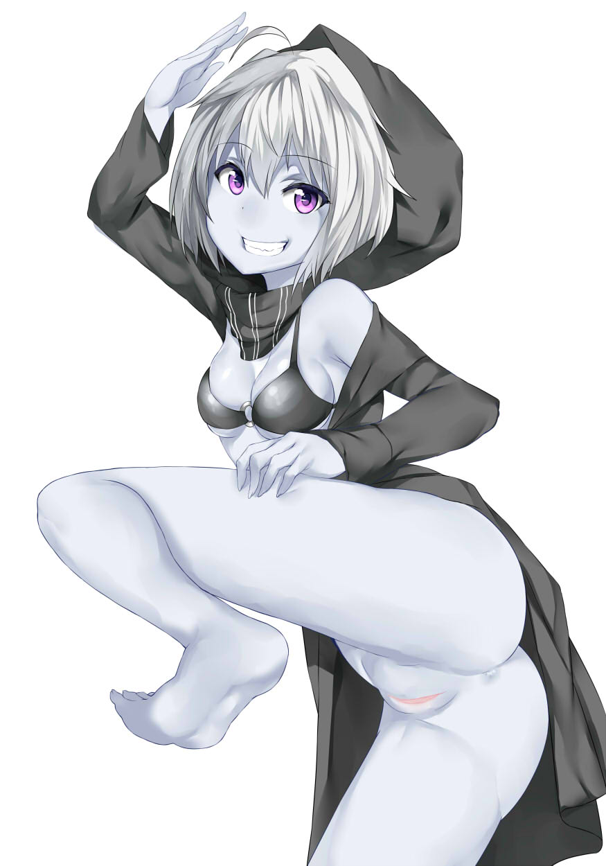 ahoge anus ass barefoot bottomless breasts eyebrows_visible_through_hair female grin hews_hack highres hood kantai_collection looking_at_viewer medium_breasts o-ring_top pale_skin purple_eyes pussy re-class_battleship shinkaisei-kan short_hair silver_hair simple_background smile solo teeth white_background