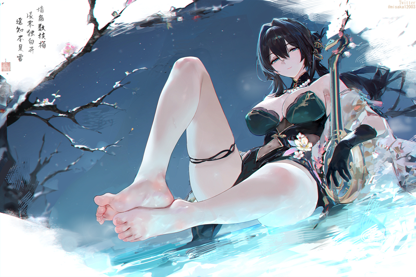 barefoot, breasts, chinese text, feet, female, foot fetish, honkai: star rail, huge thighs, large breasts, misaka 12003-gou, plum blossoms, ruan mei (honkai: star rail), text, thick hips, thick thighs, thigh strap, toes, wide hips