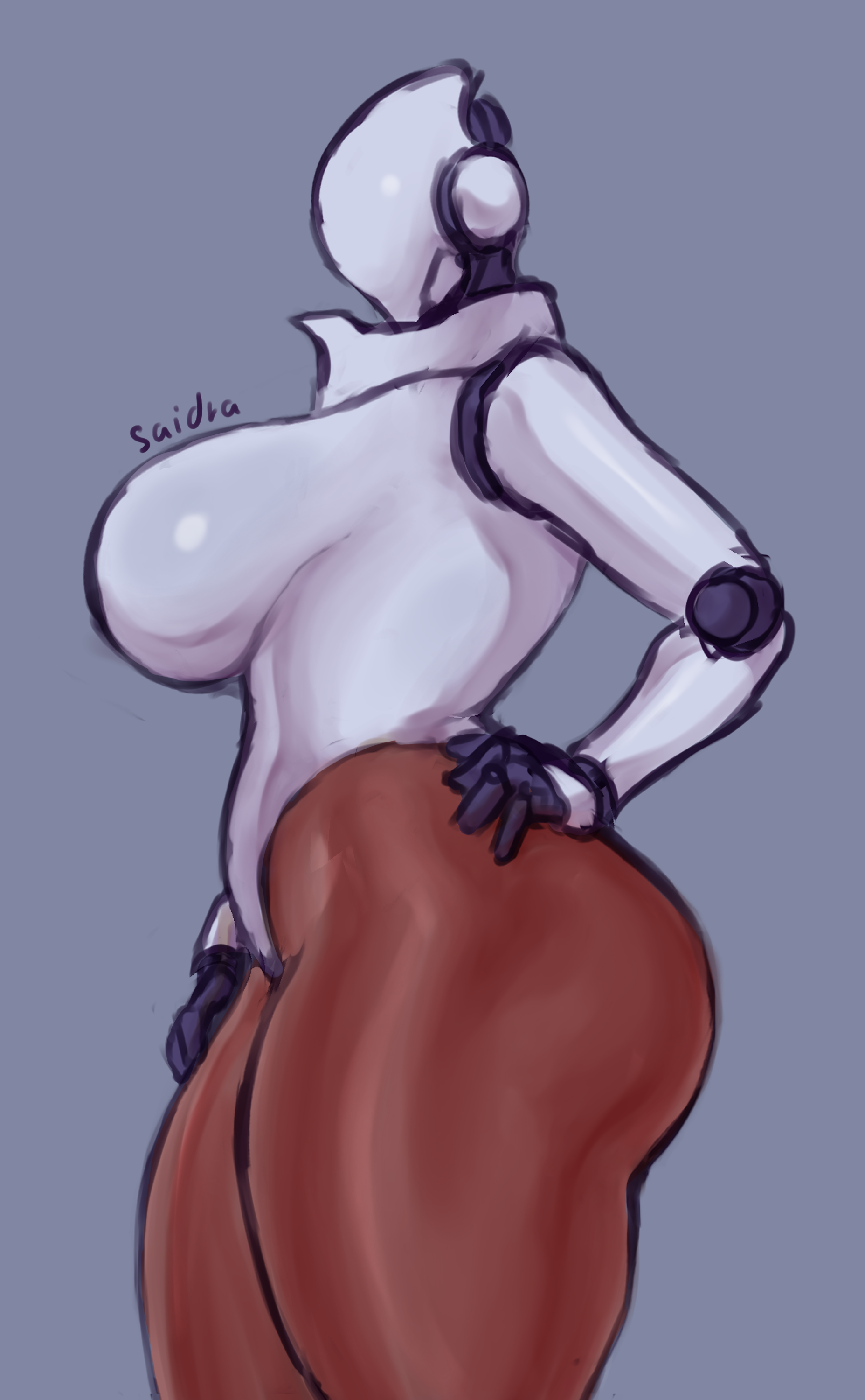 absurd res, biped, breasts, faceless character, female, fingers, haydee, haydee (game), hi res, machine, robot, saidra, simple background, solo, text, thick thighs, thighs