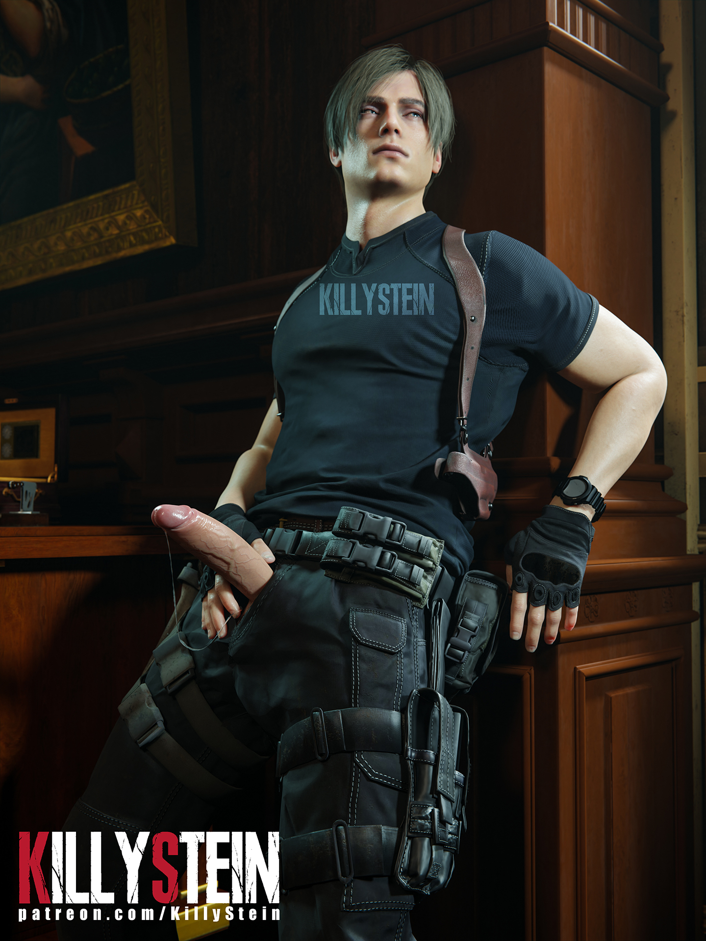 1boy, 3d, 3d (artwork), 3d model, 3d render, blonde hair, capcom, erection, gloves, killystein, leon scott kennedy, male, male focus, male only, penis, presenting penis, resident evil, resident evil 2, resident evil 2 remake, resident evil 4, resident evil 4 remake, solo, undressing