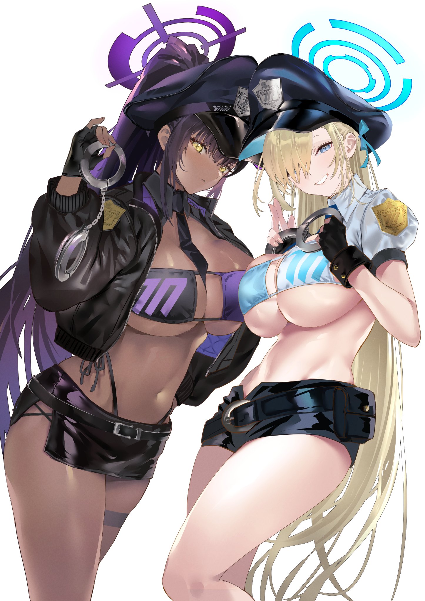 2girls, asuna (blue archive), black hair, blonde hair, blue archive, blue eyes, booty shorts, breasts, brown skin, chocolate and vanilla, cleaning & clearing (blue archive), cleavage, dark skin, dark-skinned female, eyepatch bikini, female, hair over one eye, handcuffs, hat, huge breasts, karin (blue archive), light skin, light-skinned female, long hair, millennium science school logo (blue archive), millennium science school student, short shorts, shorts, yellow eyes, yuu hitaki
