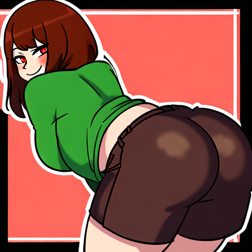 ai generated, ass, big ass, blush, brown hair, brown pants, brown shorts, chara, drawing, fat ass, female, female only, green shirt, hd, horny, horny female, naughty smile, picture, red eyes, shiny skin, smile, smiling, smiling at viewer, solo, undertale, undertale (series)