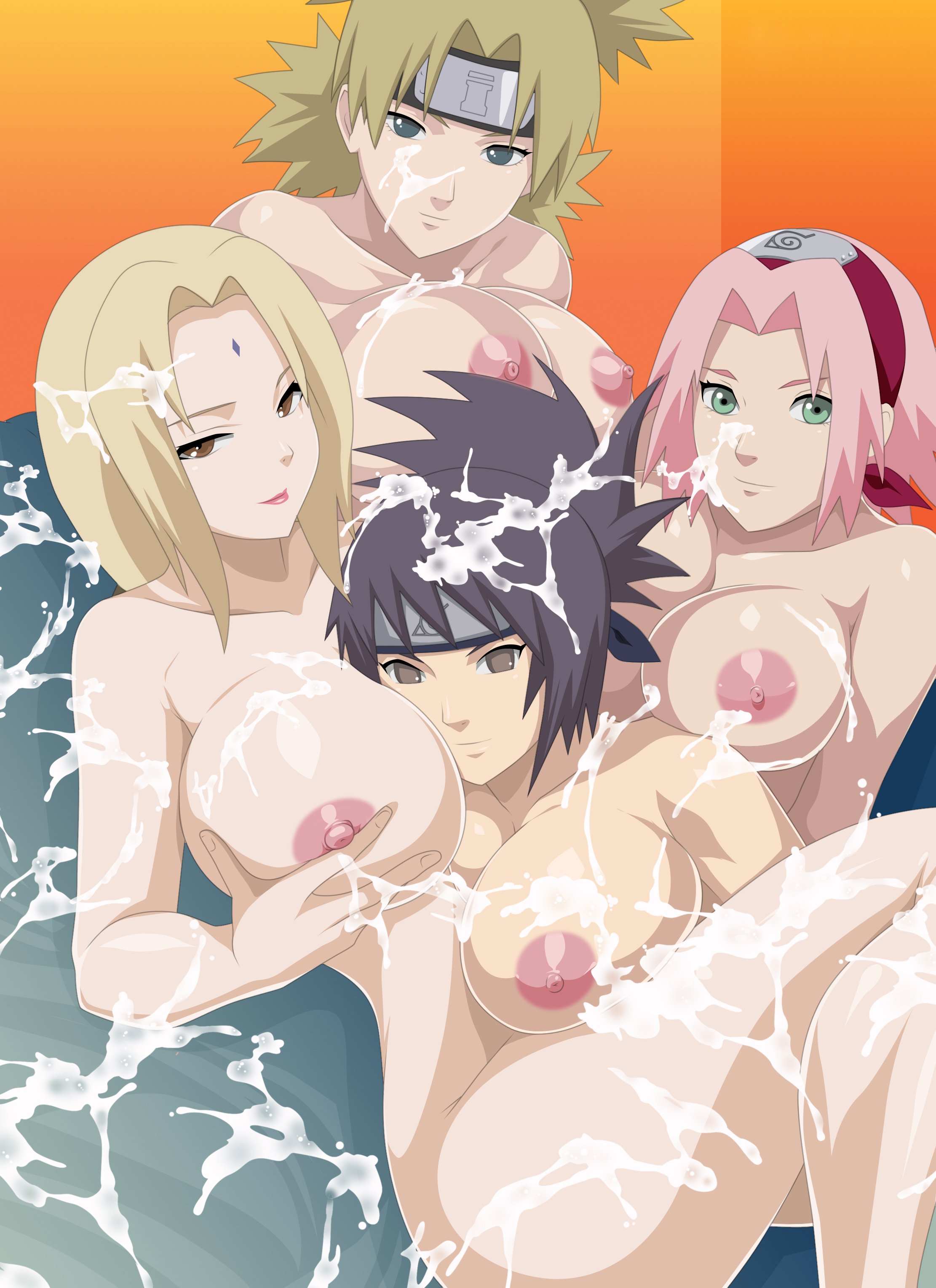 4girls, absurdres, after sex, age difference, artist request, breasts, completely nude, cum, cum covered, cum on body, cum on breasts, cum on upper body, excessive cum, female, female only, highres, looking at viewer, mitarashi anko, multiple females, multiple girls, naruto, naruto (series), naruto shippuden, nude, older female, sakura haruno, smile, teacher and student, temari, tsunade, younger female