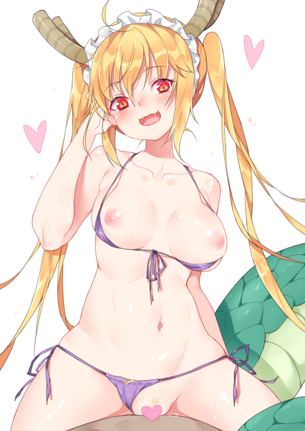 :d ahoge arm_at_side bangs bare_shoulders bikini bikini_aside blonde_hair blush breasts breasts_out censored collarbone color cowgirl_position dragon_girl dragon_tail eyebrows_visible_through_hair female front-tie_bikini front-tie_top hand_in_hair head_tilt heart heart_censor long_hair looking_at_viewer maid_headdress medium_breasts miss_kobayashi's_dragon_maid navel nipples open_mouth orange_eyes pubic_hair purple_bikini purple_ribbon red_eyes revision ribbon scales sela_(08180074) sex shiny shiny_skin side-tie_bikini simple_background skindentation slit_pupils smile solo_focus spread_legs stomach straddling straight swimsuit tail tied_hair tohru_(dragon_maid) twintails vaginal_penetration very_long_hair white_background