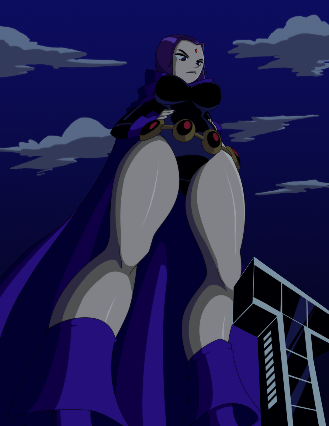 big breasts, breasts, cartoon network, dc, dc comics, female, giant, giantess, leotard, purple hair, rachel roth, raven (dc), ravenravenraven, teen titans, titans tower, toonami