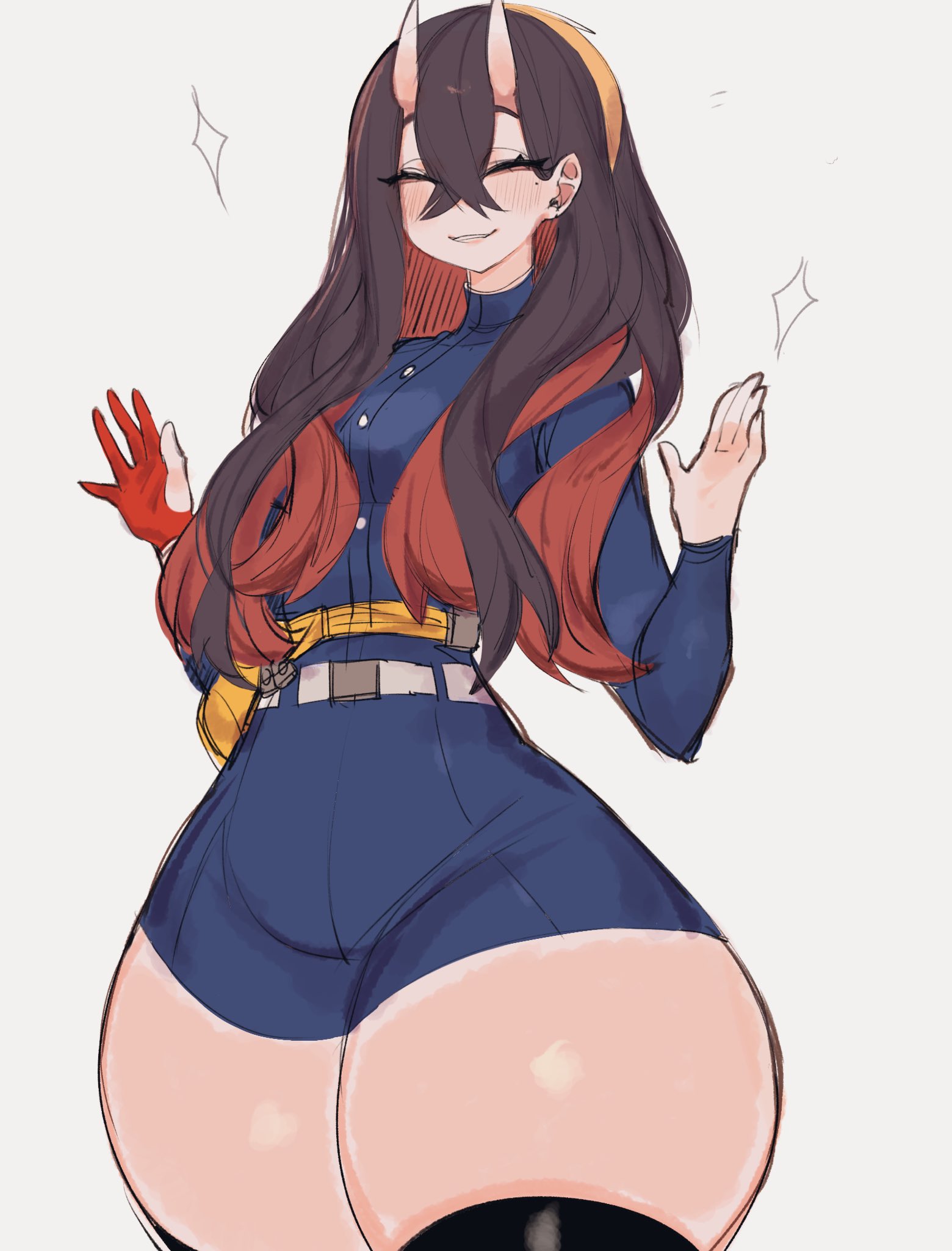 1girls, black hair, bottom heavy, breasts, carmine (pokemon), closed eyes, female, game freak, light skin, light-skinned female, long hair, nintendo, oni, oni female, oni horns, pokemon, pokemon sv, slim waist, smiling, thick thighs, thighhighs, two-tone hair, usa37107692, wide hips