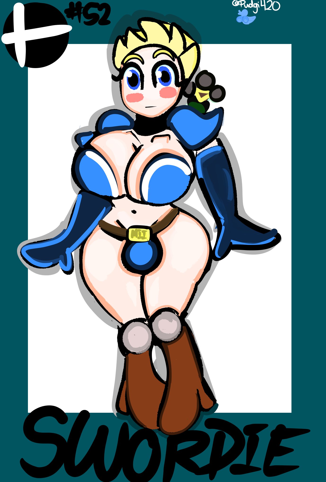 bikini_armor blue_eyes blushed_face bulge busty_boy curvy_figure eyelashes feminine_male feminization large_breasts mii mii_swordfighter mob_face nintendo pudgi420 simple_background super_smash_bros.