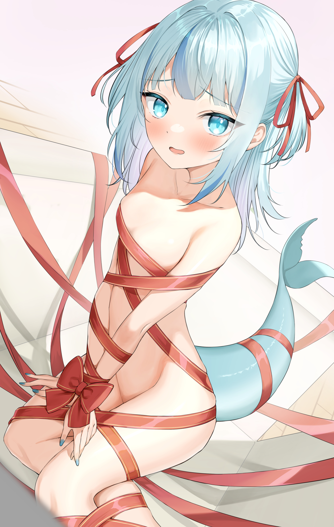 blue hair, blue nails, breasts, christmas, convenient censoring, embarrassed, embarrassed nude female, enf, female, gawr gura, gechi yori, hololive, hololive english, hololive myth, looking at viewer, naked, nude, ribbon, ribbons, shark, shark tail, small breasts, tagme, virtual youtuber, white hair, wrapped, wrapped up, wrappings