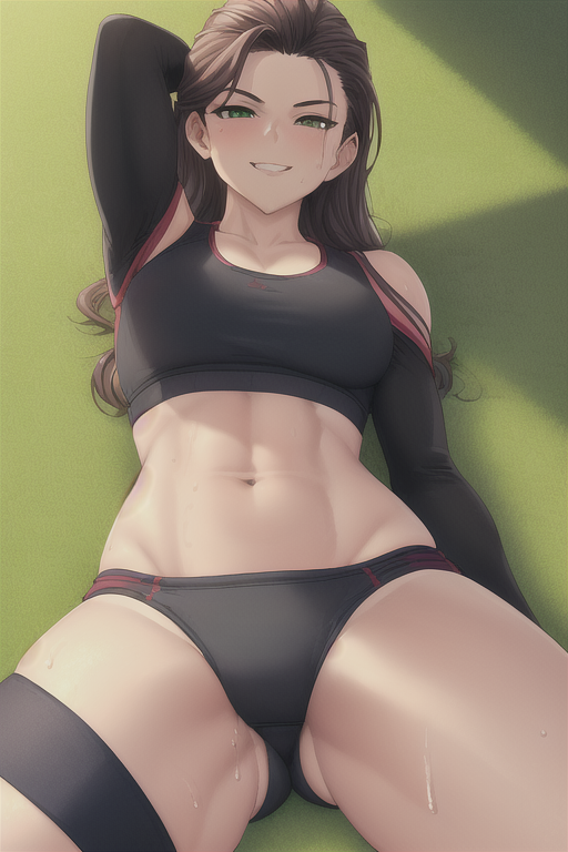 1girls abs ai_generated arm_sleeves ass_from_the_front brown_hair brown_hair confident female green_eyes gym_shorts looking_at_viewer milf panties smile smiling sports_bra sportswear stable_diffusion sweat