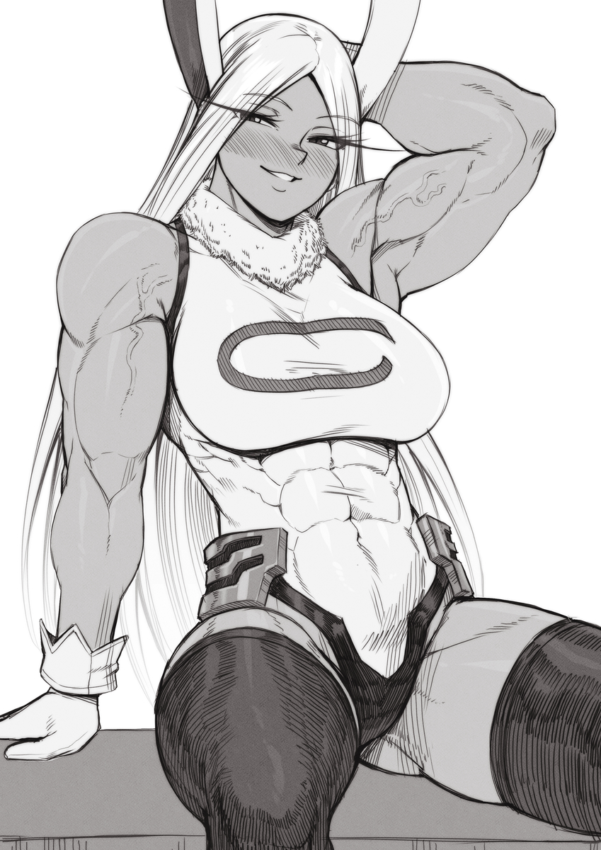 1girls, abs, arm up, aroused, athletic, athletic female, big breasts, black and white, blush, breasts, bunny ears, bunny girl, clothed, clothing, female, female focus, female only, huge breasts, kemonomimi, large breasts, leotard, long hair, looking at viewer, looking pleasured, miruko, muscular, muscular arms, muscular female, my hero academia, rumi usagiyama, sitting, slim waist, solo, solo female, speedl00ver, superheroine, thick thighs, veins, wide hips