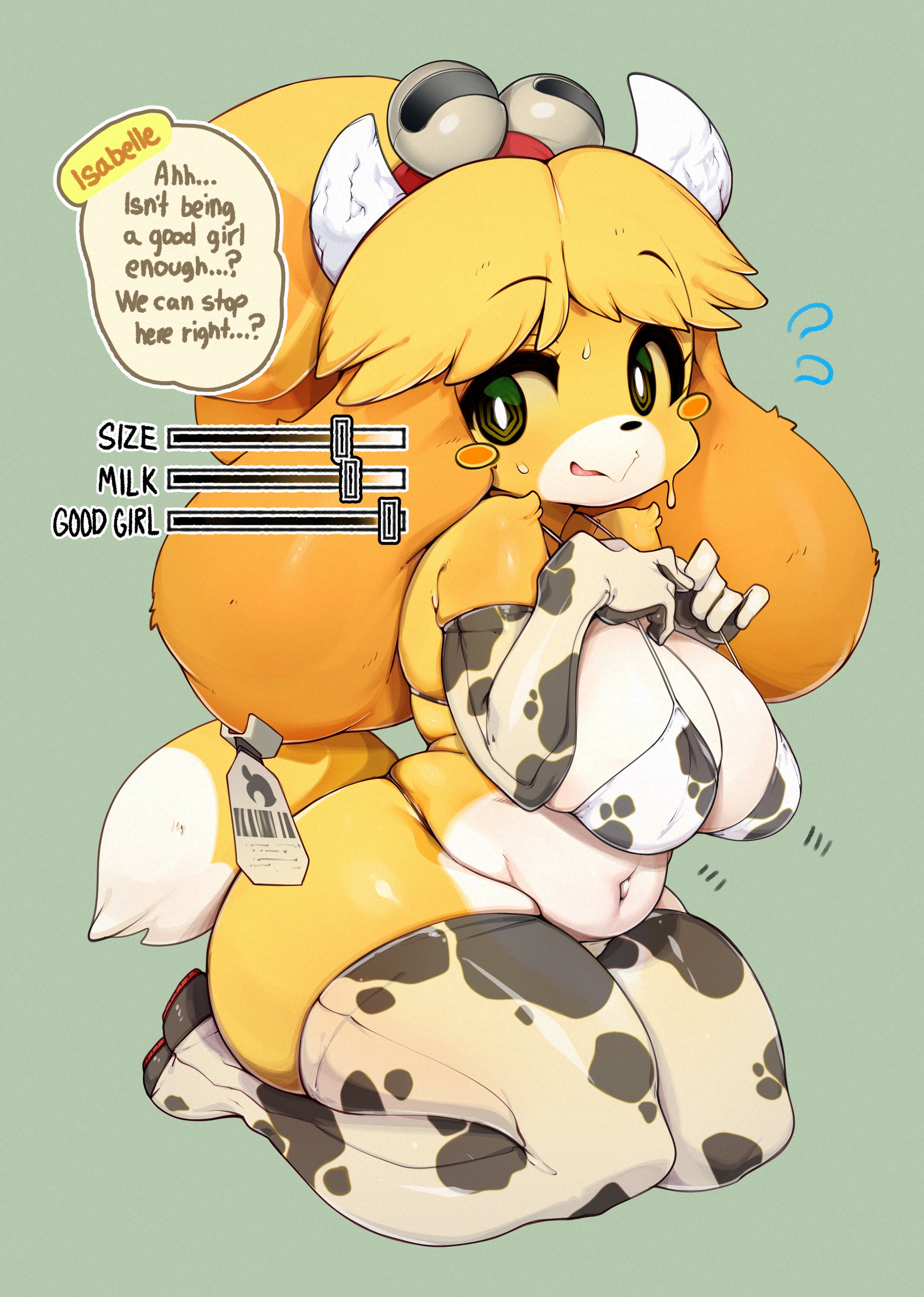 1girls, animal crossing, breasts, cow bikini, female, furry, huge breasts, isabelle (animal crossing), slugbox, solo, tagme