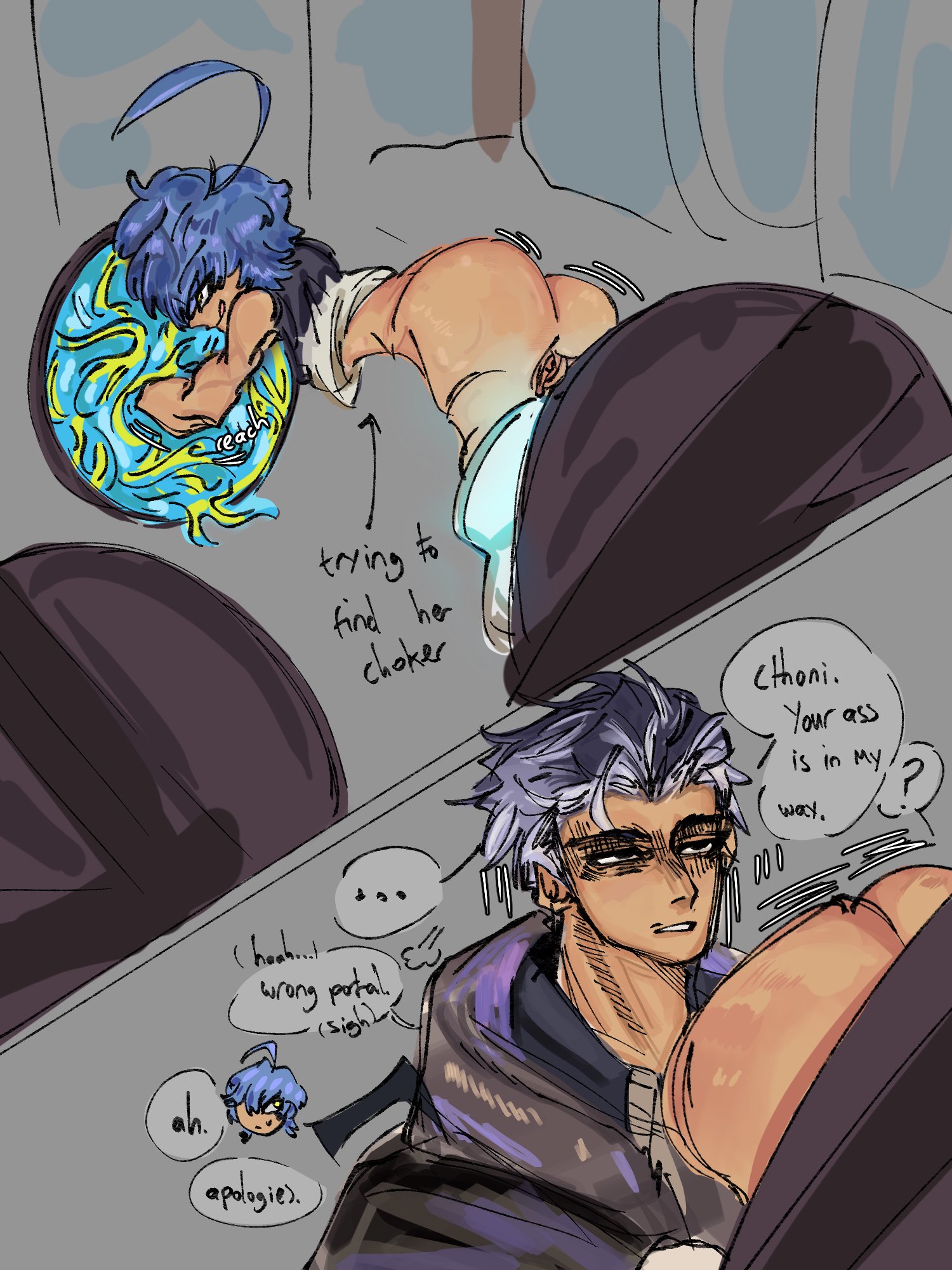 1boy, 1girls, cthoni andor, female, gachiakuta, male, no panties, no pants, portal, text, zodyl typhon