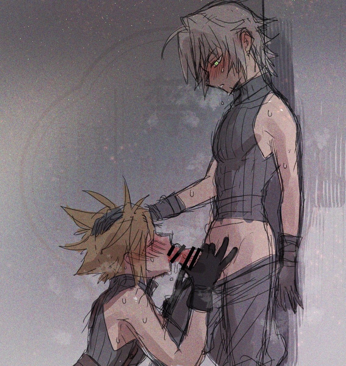 2boys, against wall, aged down, blonde hair, blowjob, blush, censor bar, censored, closed eyes, cloud strife, color, fellatio, femboy, final fantasy, final fantasy vii, final fantasy vii ever crisis, flushed face, gay, gloves, glowing eyes, green eyes, looking at another, male, male only, male/male, nonesabu, oral, sephiroth, short hair, sketch, spiky hair, sweat, tagme, twink, white skin, yaoi