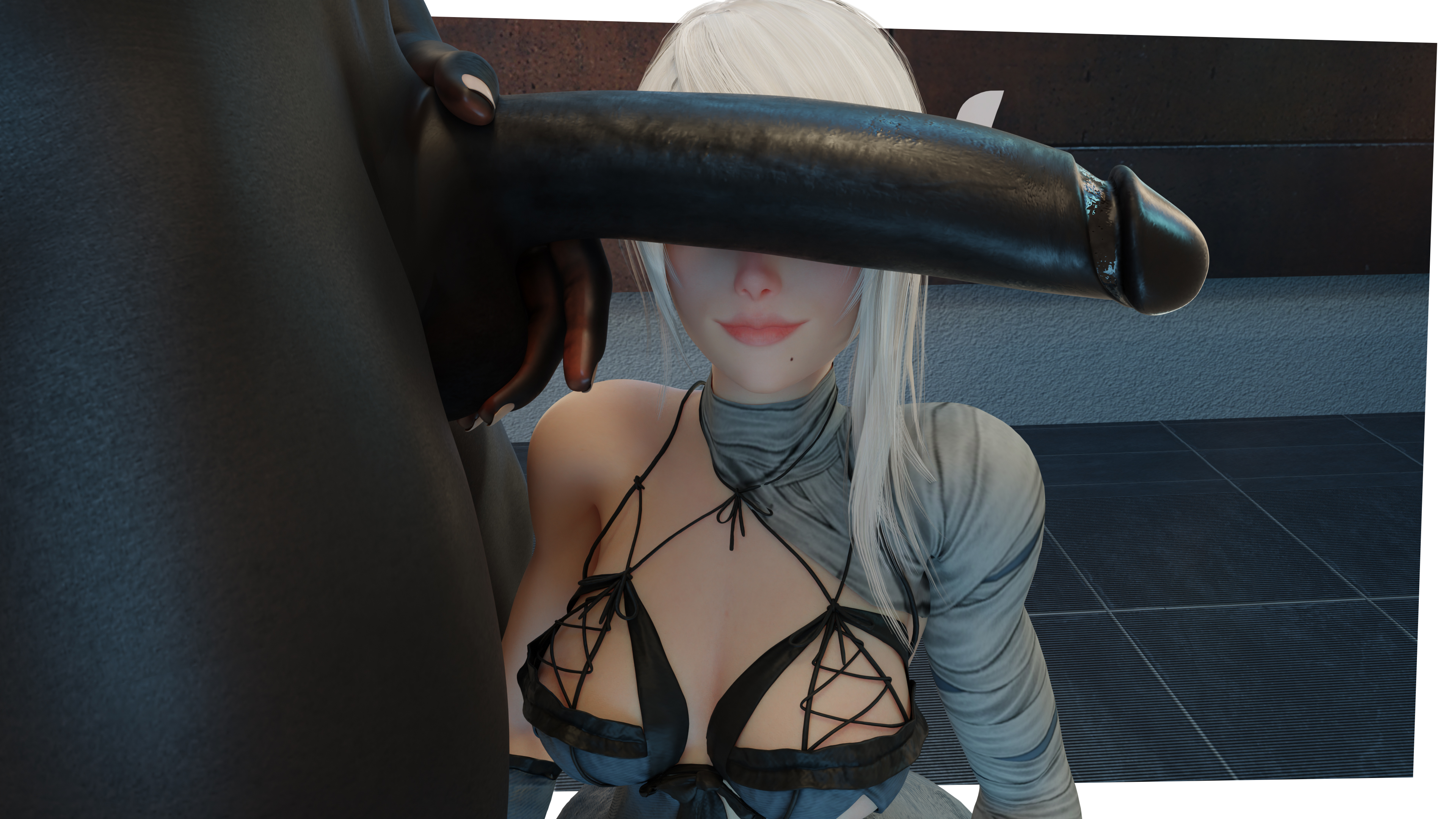 1boy, 1girls, 3d, blender, cant see the haters, dark skin, dark-skinned male, female, fisherman 2020, flower in hair, interracial, kaine (nier), light skin, light-skinned female, male, nier, nier (series), nier reincarnation, nier replicant, nier: automata, replicant, smile, smiling, white hair