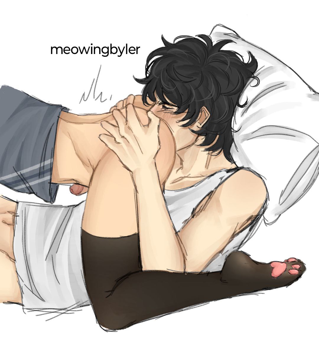2boys, 69 position, big ass, big thighs, black hair, black stockings, blue shirt, blush, cat socks, eating ass, gay, mike wheeler, pale skin, small penis, stranger things, tan skin, thighhighs, twinks, white vest, will byers, yaoi