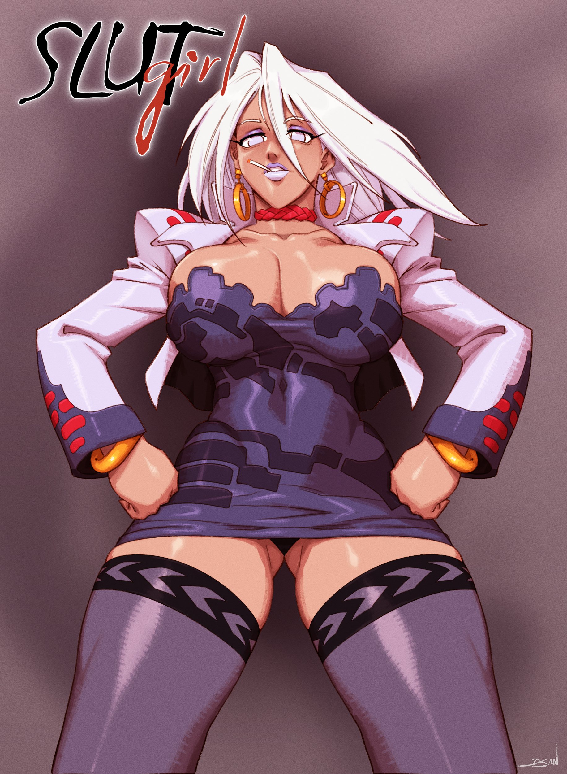1girls, 2023, 2025, absurdres, bizen sayoko, black dress, black panties, black trim, bracelet, breasts, brown skin, chocker, choker, cleavage, clenched hands, collarbone, commentary, cowboy shot, cropped jacket, dark skin, dark-skinned female, dsan, earrings, english commentary, eyeshadow, female, female focus, gluteal fold, gold, gyaru, hair between eyes, hands on own hips, highres, hoop earrings, jacket, jewelry, lace, lace trim, lace-trimmed legwear, lapels, large breasts, legs apart, long eyelashes, looking at viewer, makeup, medium breasts, notched lapels, panties, pantyshot, parted lips, purple background, purple eyes, purple eyeshadow, purple thighhighs, red choker, slut girl, solo, standing, straight-on, taut clothes, thick lips, thick thighs, thighhighs, thighs, title, underwear, white hair, white jacket, white lipstick