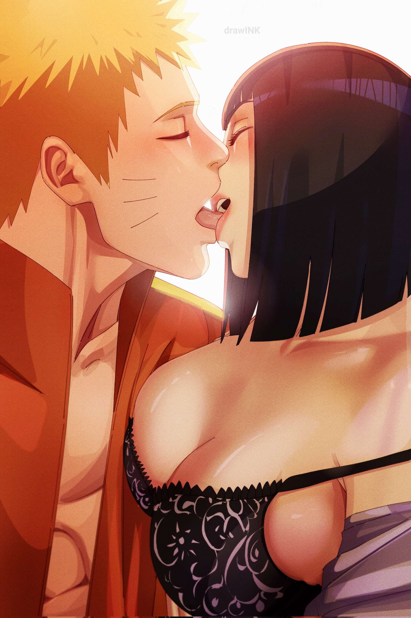 1boy, 1girls, before sex, boruto: naruto next generations, bra, breast out, breasts, canon couple, closed eyes, couple, covering breasts, deep kiss, drawink, female, head tilt, huge breasts, husband and wife, hyuuga hinata, kissing, lingerie, married couple, naruto, naruto (series), open mouth, open shirt, passionate, preparation, preparing, pressed together, tongue, tongue kiss, tongue out, uzumaki hinata, uzumaki naruto
