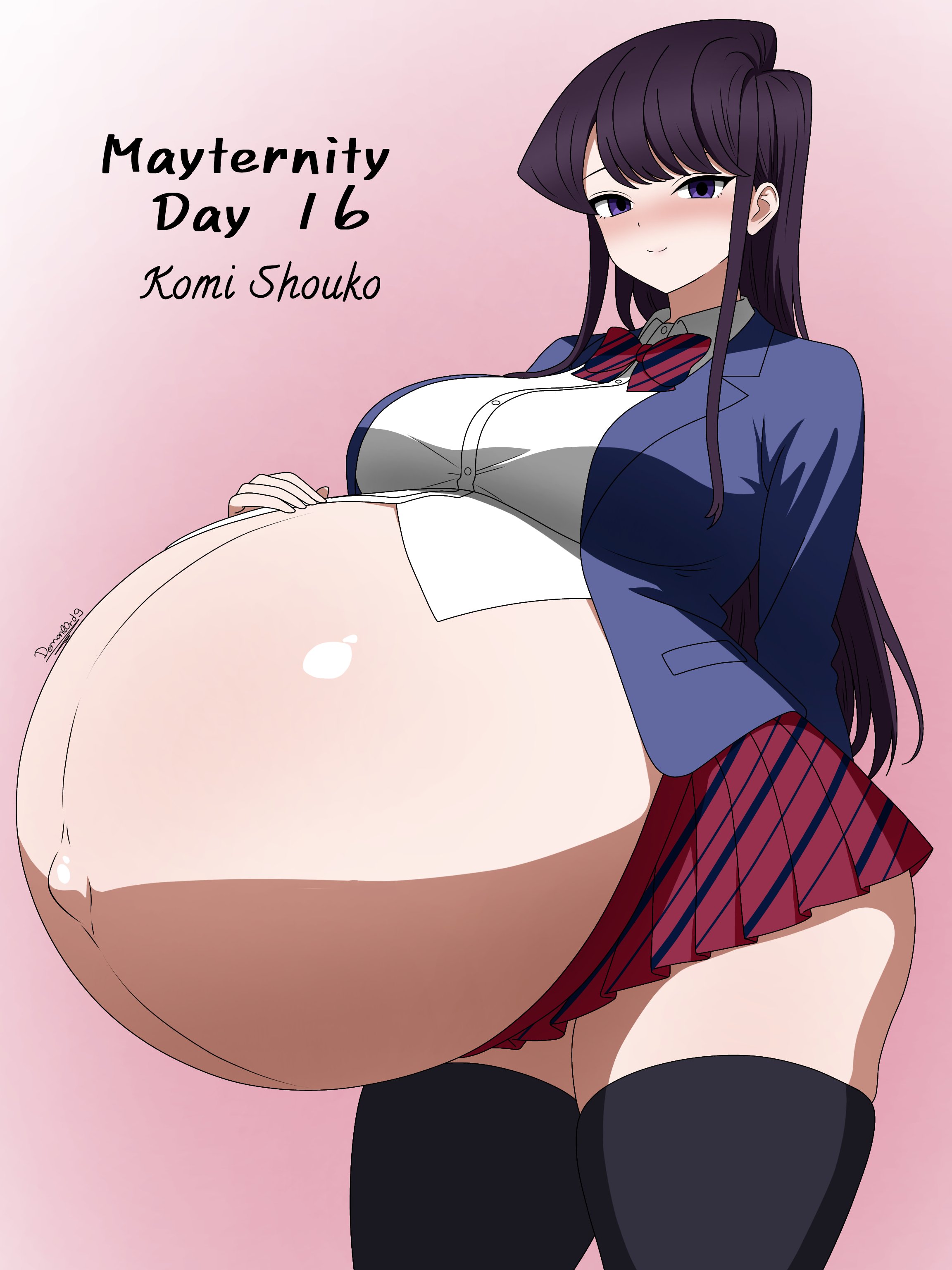 big belly, big breasts, black hair, blush, clothed, demonl0rd9, hand on belly, hyper pregnancy, komi shouko, komi-san wa komyushou desu, large breasts, long hair, looking at viewer, navel, popped navel, pregnant, pregnant belly, pregnant female, school uniform, short skirt, smile, thick thighs, white skin