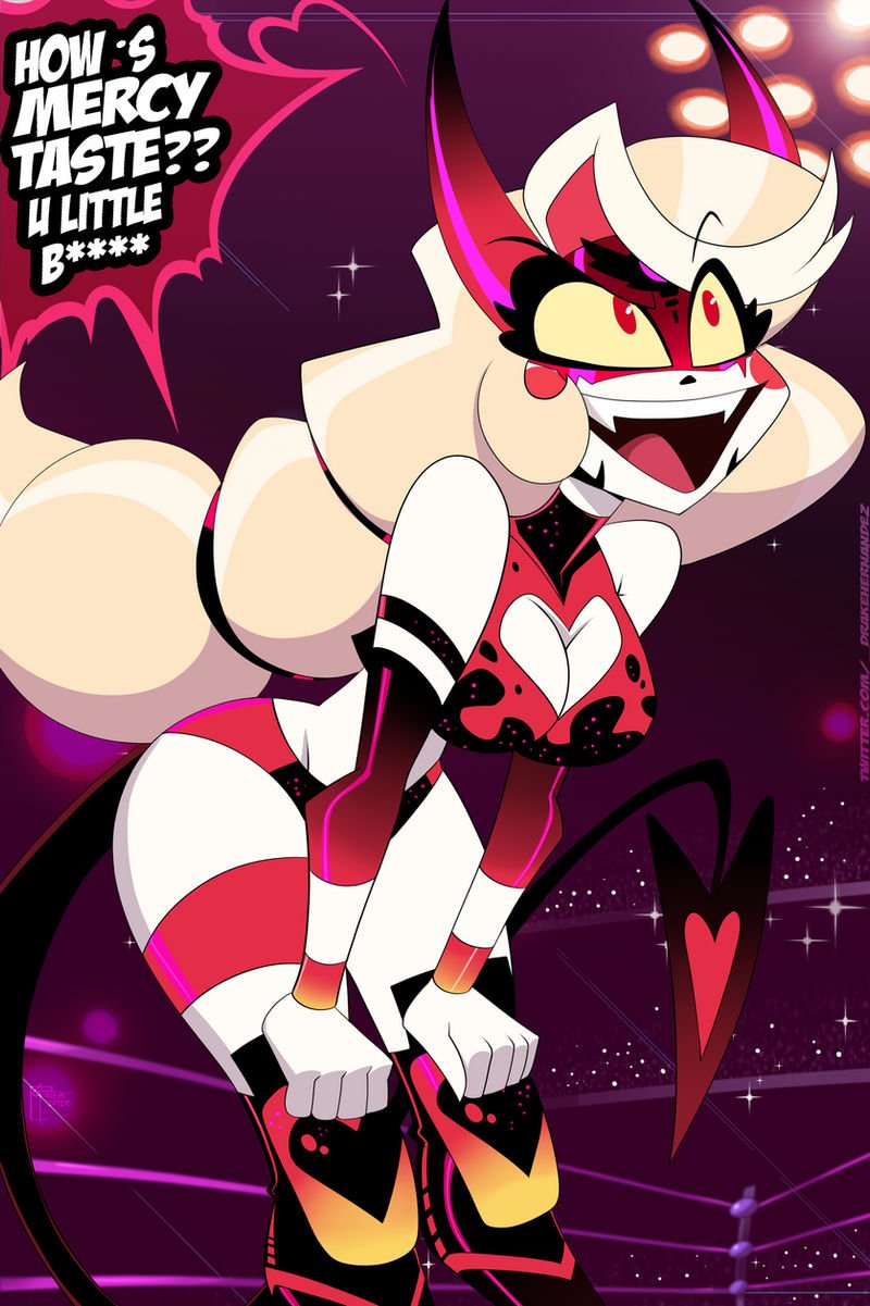 1girls, bare arms, bare legs, bare shoulders, bare thighs, big breasts, blonde hair, breasts, charlie morningstar (hazbin hotel), clothed, clothing, color, demon, demon girl, demon horns, demon tail, english text, female, female focus, female only, great dude, hazbin hotel, hi res, large breasts, light skin, light-skinned female, long hair, red eyes, solo, solo female, tagme, text, text bubble, thick thighs, vivienne medrano, wrestler, wrestling, wrestling outfit, wrestling ring
