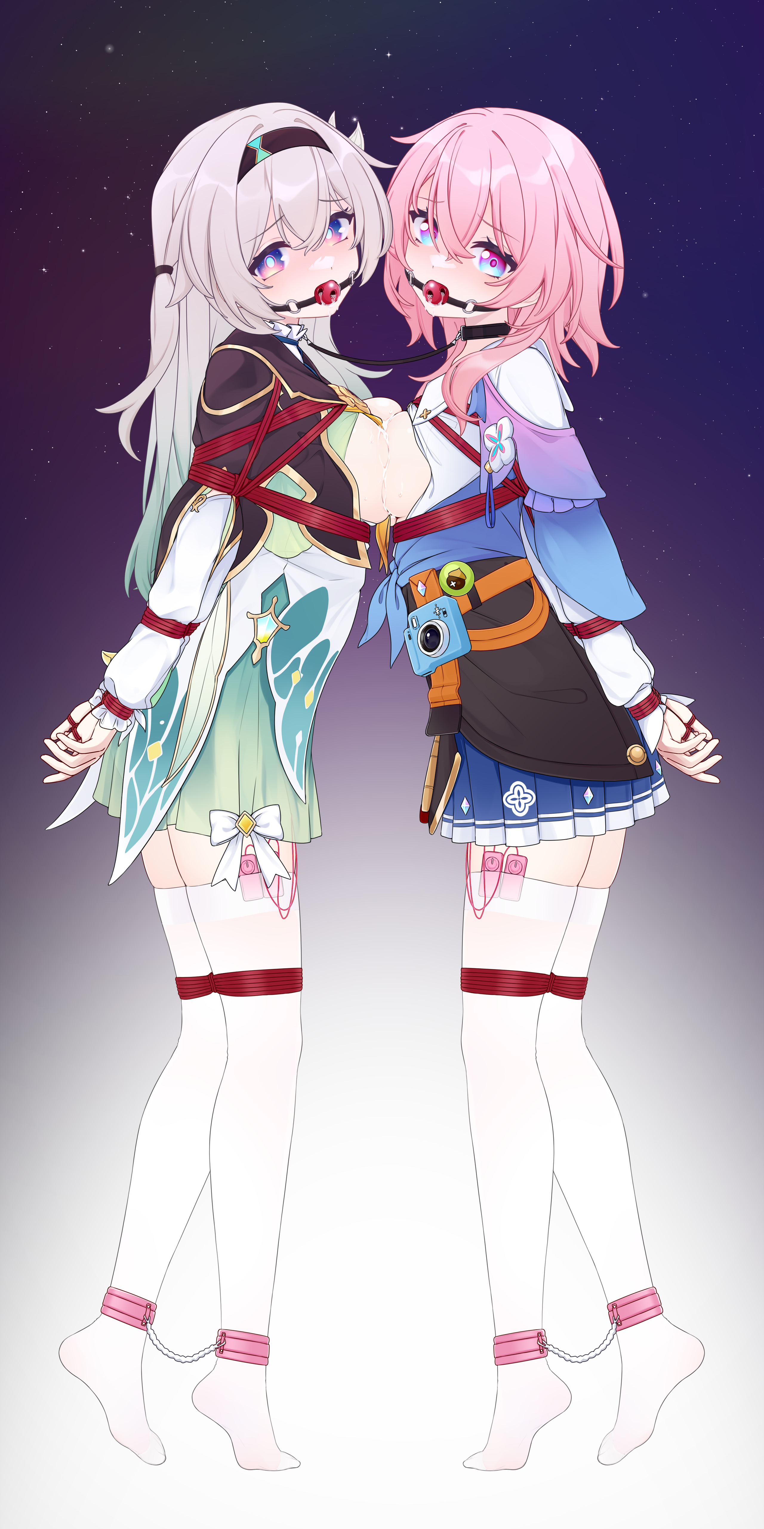 2girls, ball gag, bondage, bound, bound ankles, bound arms, bound legs, bound thumbs, bound together, bound wrists, breasts pressed against partner, breasts pressed together, collar, collared, female, female only, firefly (honkai: star rail), follow dreams, gag, gagged, honkai (series), honkai: star rail, leash, leash and collar, leashed collar, leashed together, march 7th (honkai: star rail), pink hair, rope, thighhighs, white hair