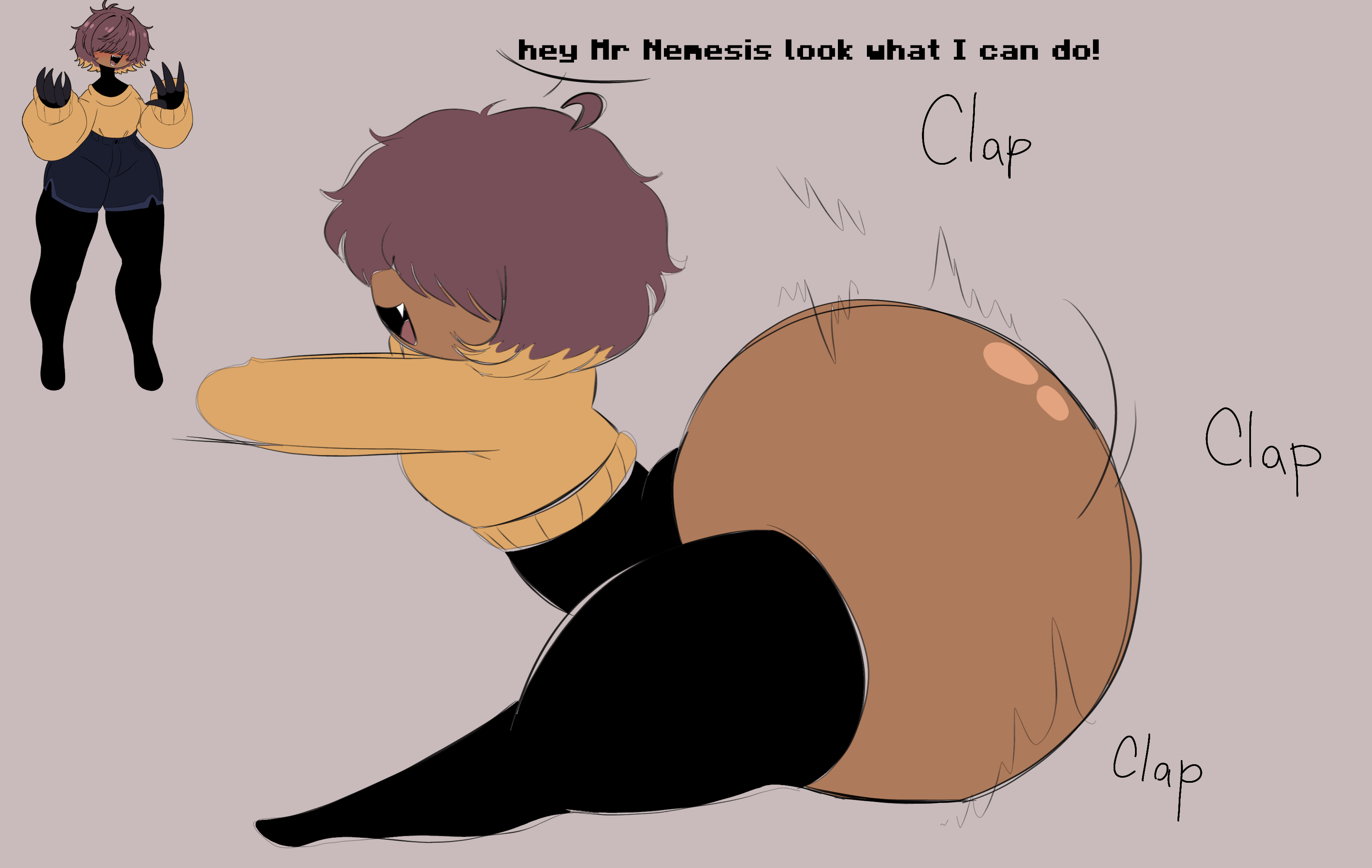 action lines, arched back, ass, ass bigger than head, bubble ass, bubble butt, dark skin, female, female/male, huge ass, huge butt, knocksoda, male, male/female, shaking ass, shaking butt, suggestive, suggestive pose, text, text bubble, thigh highs