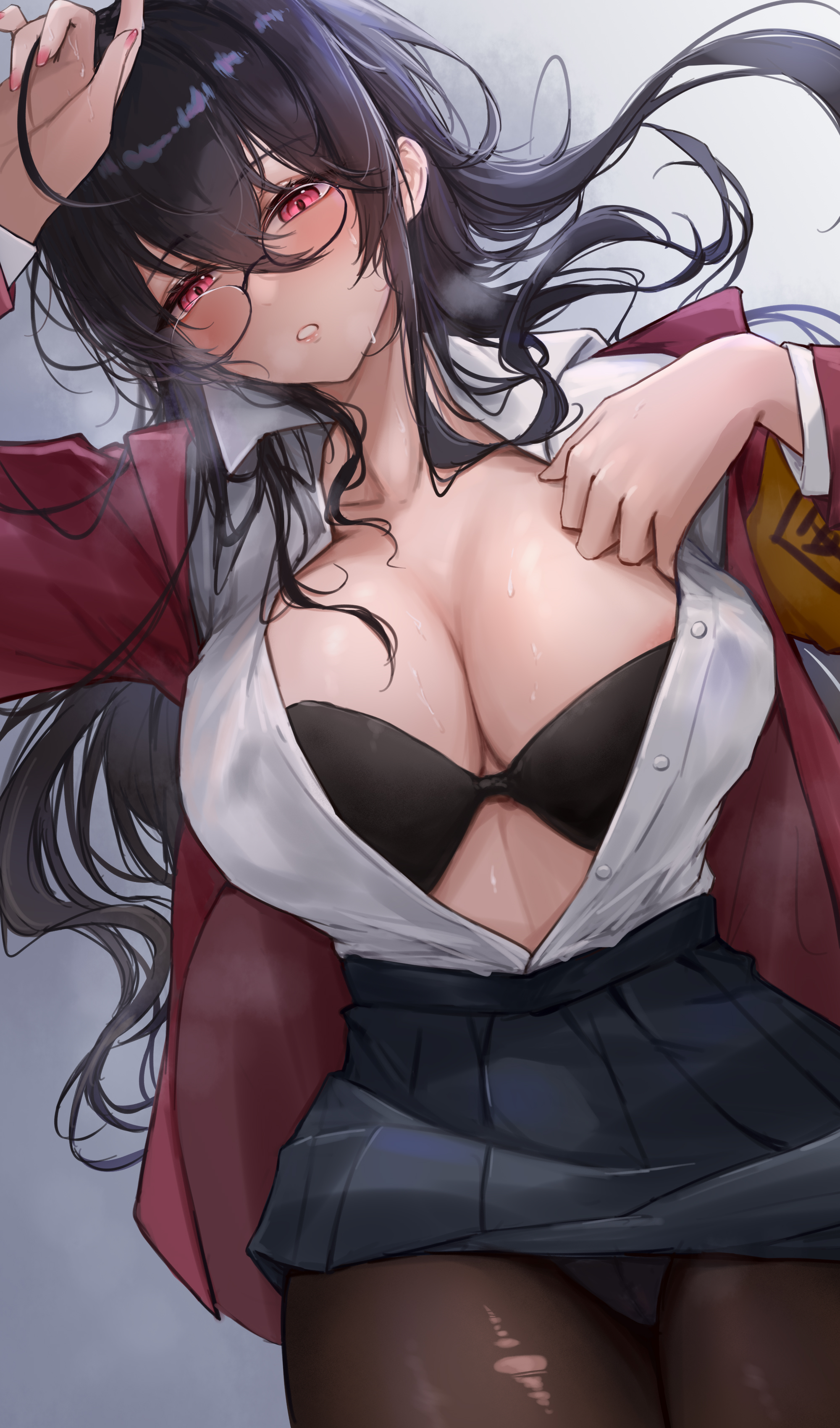 ahoge, areola slip, arm up, armband, azur lane, black bra, black hair, black pantyhose, black skirt, blush, bra, breasts, brown pantyhose, cleavage, collarbone, collared shirt, crossed bangs, dress shirt, e.c.ho, female, glasses, hair between eyes, jacket, large breasts, long hair, long sleeves, looking at viewer, lying, nail polish, official alternate costume, on back, open clothes, open jacket, open shirt, panties, panties under pantyhose, pantyhose, parted lips, partially unbuttoned, pleated skirt, red eyes, red jacket, round eyewear, school uniform, shirt, shirt tucked in, sidelocks, skirt, solo, sweat, taihou (azur lane), taihou (sweet time after school) (azur lane), torn clothes, torn pantyhose, underwear, very long hair, white shirt, yellow armband
