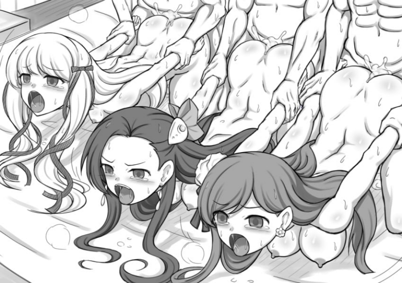 3girls ass blush breasts cum doggy_style greyscale jewelry long_hair monochrome multiple_boys multiple_girls nipples open_mouth sex straight sweat