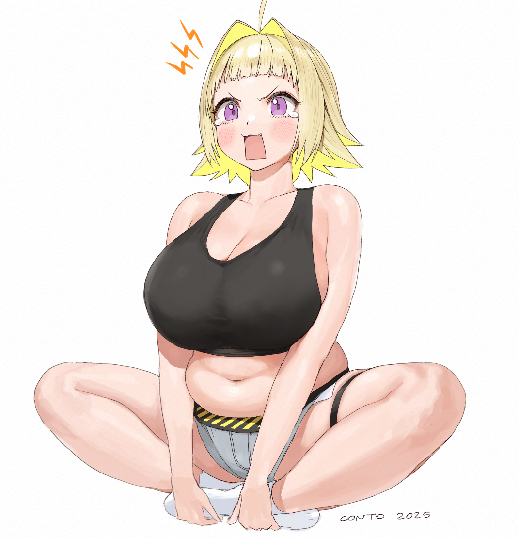 1girls, 2025, ahoge, alternate hair length, alternate hairstyle, bbw, belly, blonde hair, blush, breasts, chestnut mouth, cleavage, clothed, colored inner hair, conto, crying with eyes open, cute fang, elegg (nikke), female, goddess of victory: nikke, hair intakes, huge breasts, large breasts, navel, no bangs, open mouth, pout, purple eyes, short hair, short shorts, sitting, skindentation, socks, solo, tears, thigh strap, unhappy female