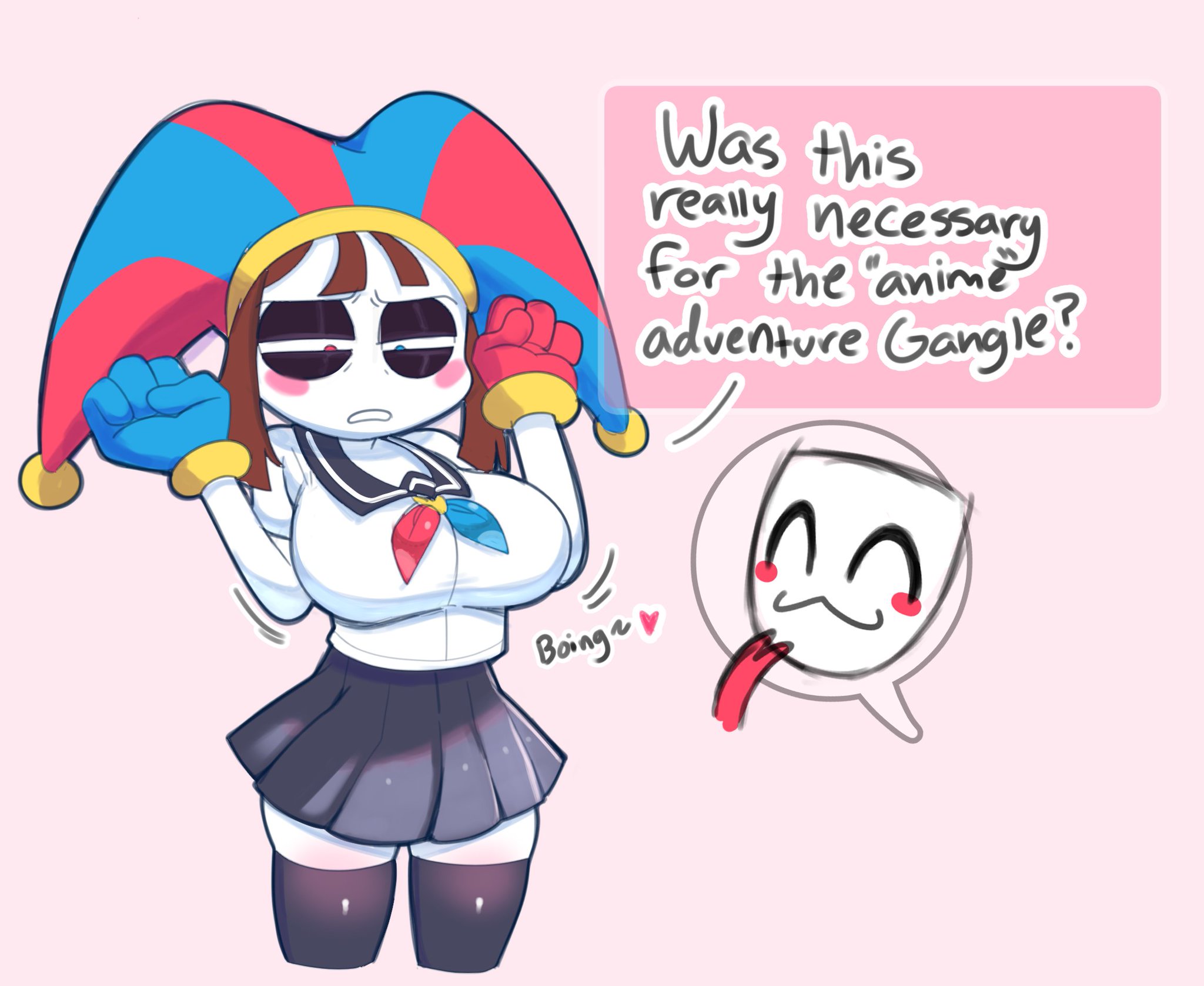 2girls, clothed, clothing, color, english text, female, female focus, female only, gangle (the amazing digital circus), glitch productions, glowhorn, hi res, jester, jester hat, light skin, light-skinned female, pomni (the amazing digital circus), schoolgirl, schoolgirl uniform, solo female, tagme, text, text bubble, the amazing digital circus, thick thighs, xddcc