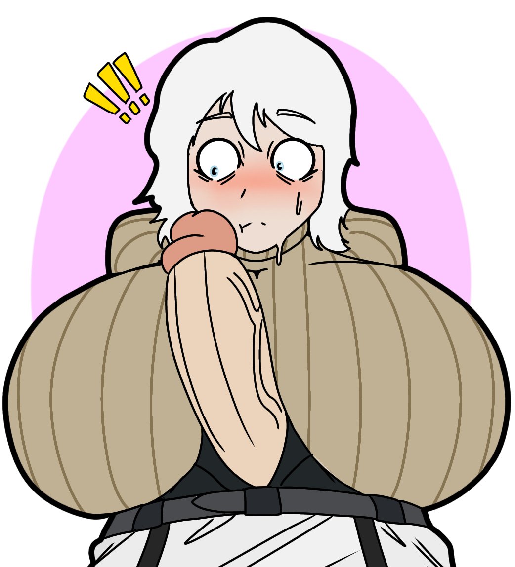 1boy, 1girls, acubedpersonoid, alternate version available, breasts, cock, faust (limbus company), female, huge cock, limbus company, male, massive breasts, penis, project moon, shipping, sweater, turtleneck, turtleneck sweater, white hair, yi sang (limbus company)