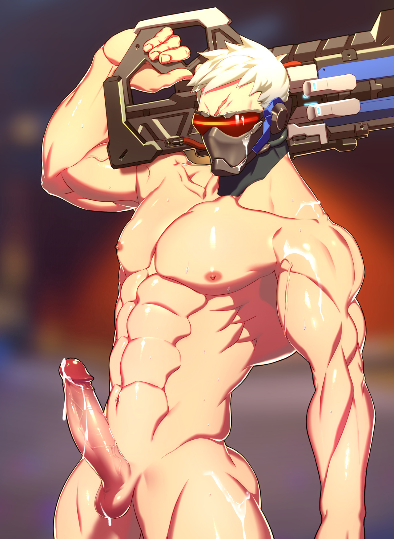 1boy, abs, assault rifle, balls, bara, blizzard entertainment, cum, eye scar, face mask, facial scar, gun, highres, lvlv, male, male only, mask, muscles, nipples, overwatch, pecs, penis, rifle, scar, short hair, soldier 76, solo, sweat, visor, weapon, yaoi