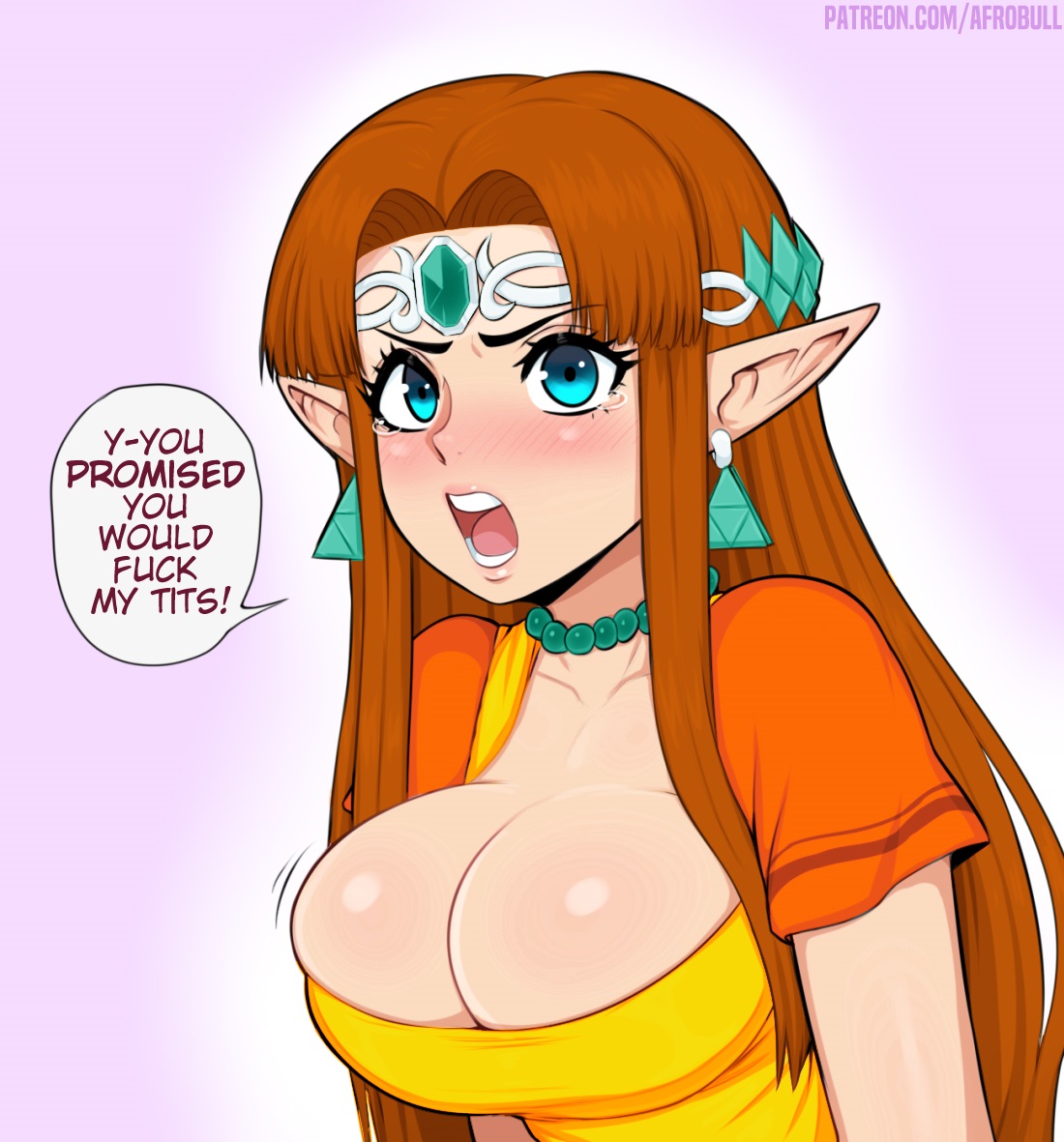1girls, 2d, adapted costume, afrobull, alternate breast size, alternate color, alternate version available, angry, artist name, begging, big breasts, blue eyes, blush, breasts, brown hair, bursting breasts, busty, cleavage, cosplay, curvy, edit, english, english text, female, female only, hair ornament, large breasts, light skin, light-skinned female, long hair, mario (series), nintendo, overflowing breasts, pale skin, pale-skinned female, pointy ears, princess daisy (cosplay), princess zelda, simple background, solo, speech bubble, text, the legend of zelda, thick, third-party edit, video games, watermark, you promised you would fuck my tits, zelda (a link between worlds)